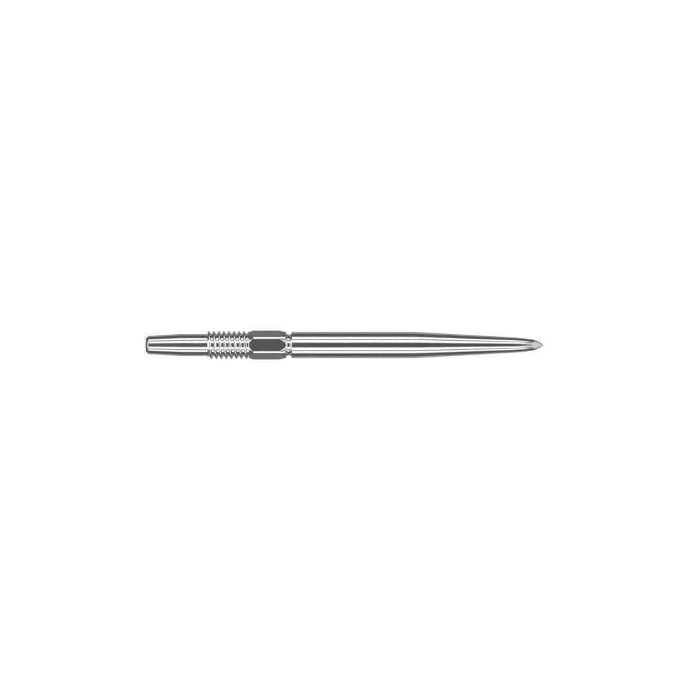 Końcówki do lotek Target Swiss Point Silver Auf dem Bild ist eine silberne Dartspitze zu sehen. Sie ist schmal, metallisch und hat eine Länge von 26 mm.