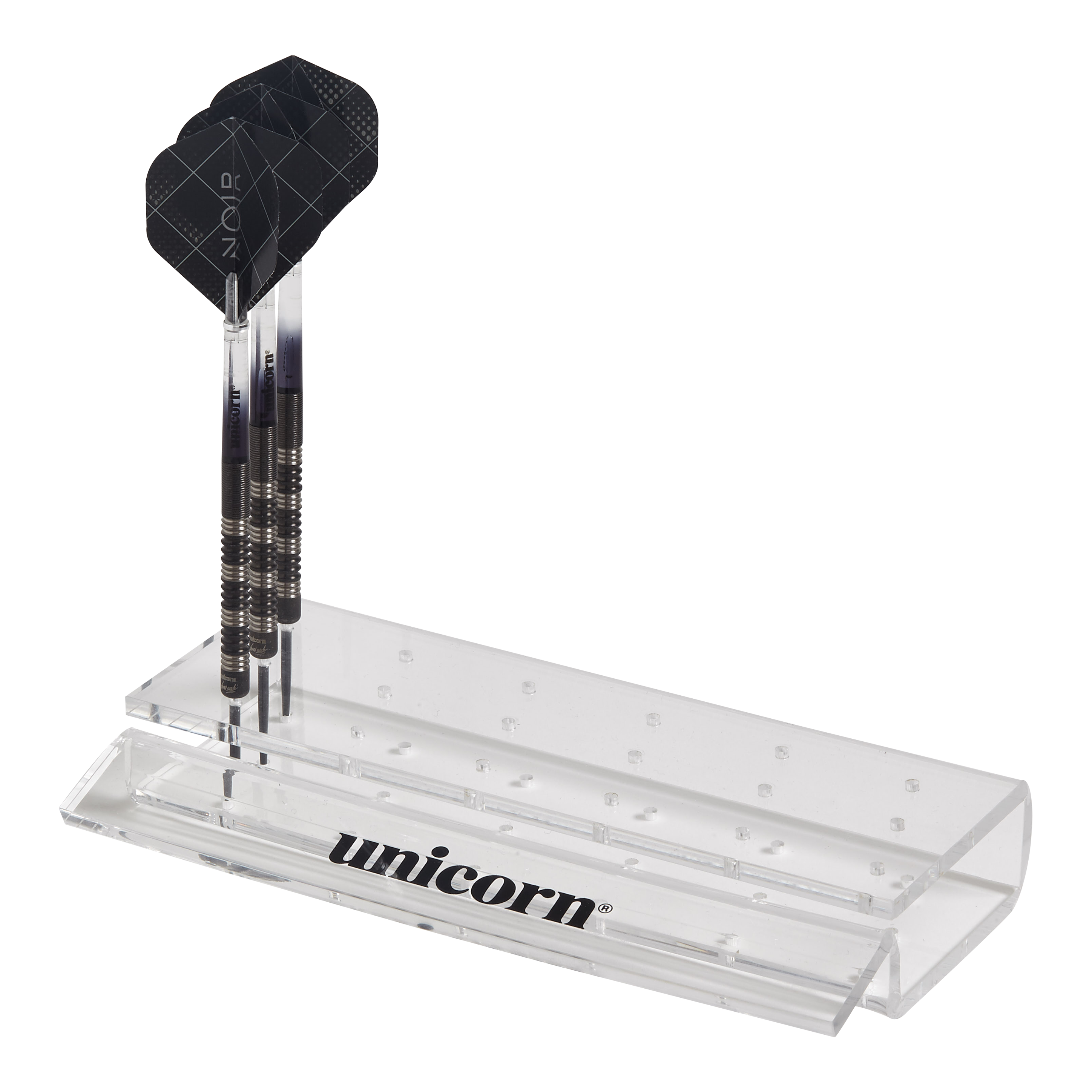 Stojak na rzutki z akrylu w kształcie jednorożca Das Bild zeigt einen durchsichtigen Acryl-Dartständer der Marke Unicorn. Im Ständer sind drei Dartpfeile ordentlich aufgestellt.