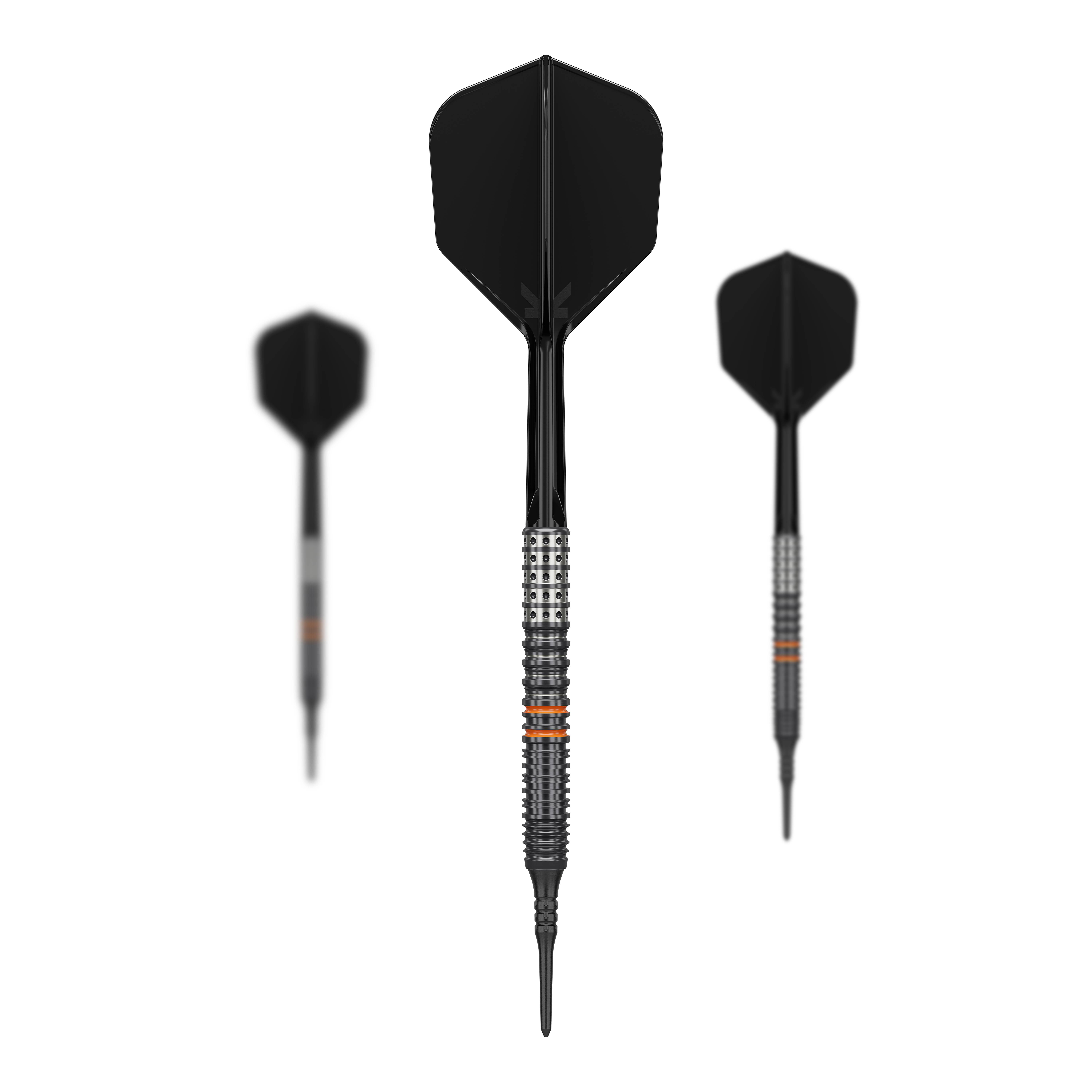 Target Japan Black Marque Morpheus GEN2 Soft Darts - 19g Das Bild zeigt drei schwarze Softdarts des Modells "Target Japan Black Marque Morpheus GEN2 - 19g". Die Darts haben ein modernes Design mit silbernen und orangen Akzenten am Griffstück.