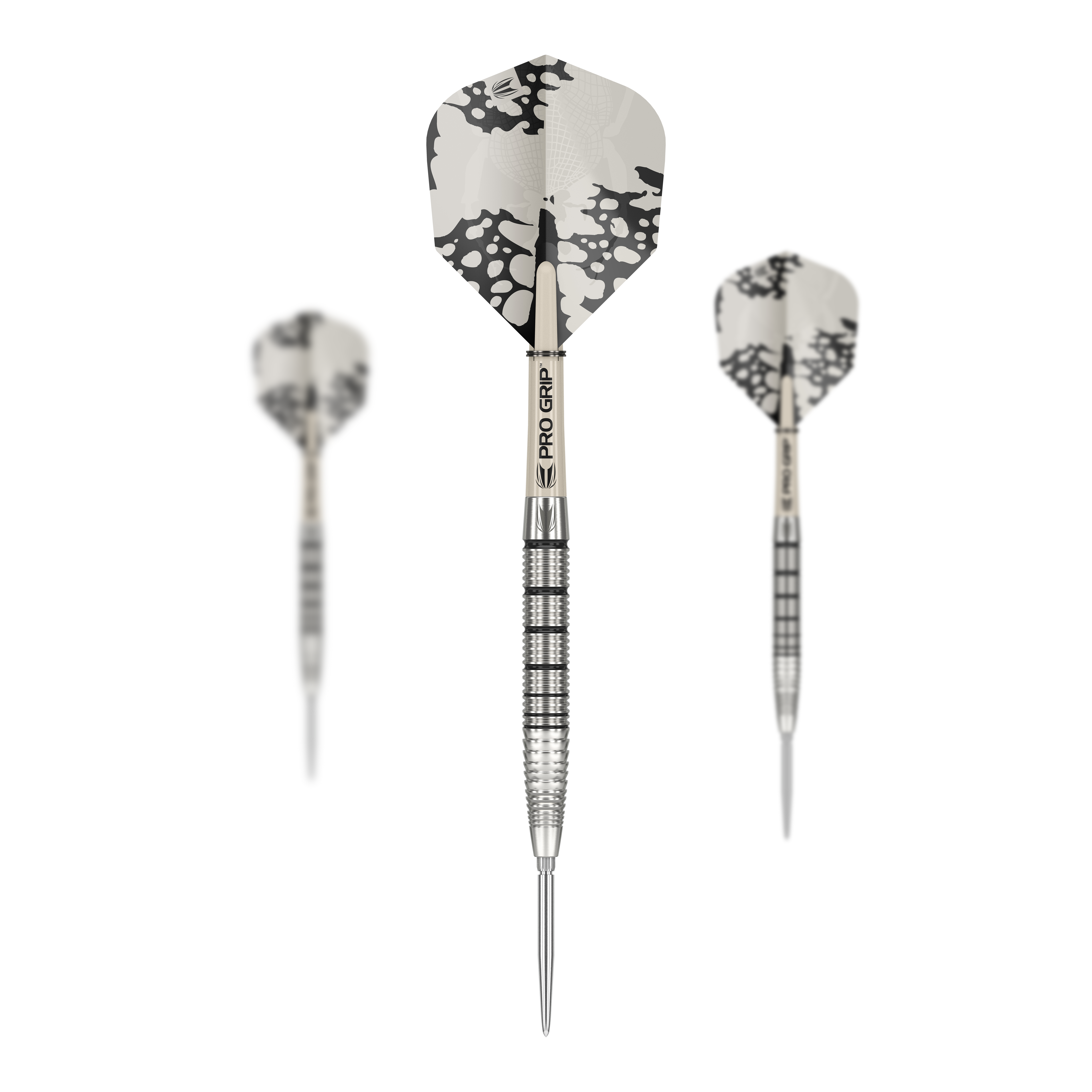 Stalowe lotki Target EXO SP02 Swiss Point Das Bild zeigt drei Target EXO SP02 Swiss Point Steeldarts mit modernen, silbernen Flights. Die Darts haben einen geriffelten Griff und sind mit dem Schriftzug "PRO GRIP" versehen.