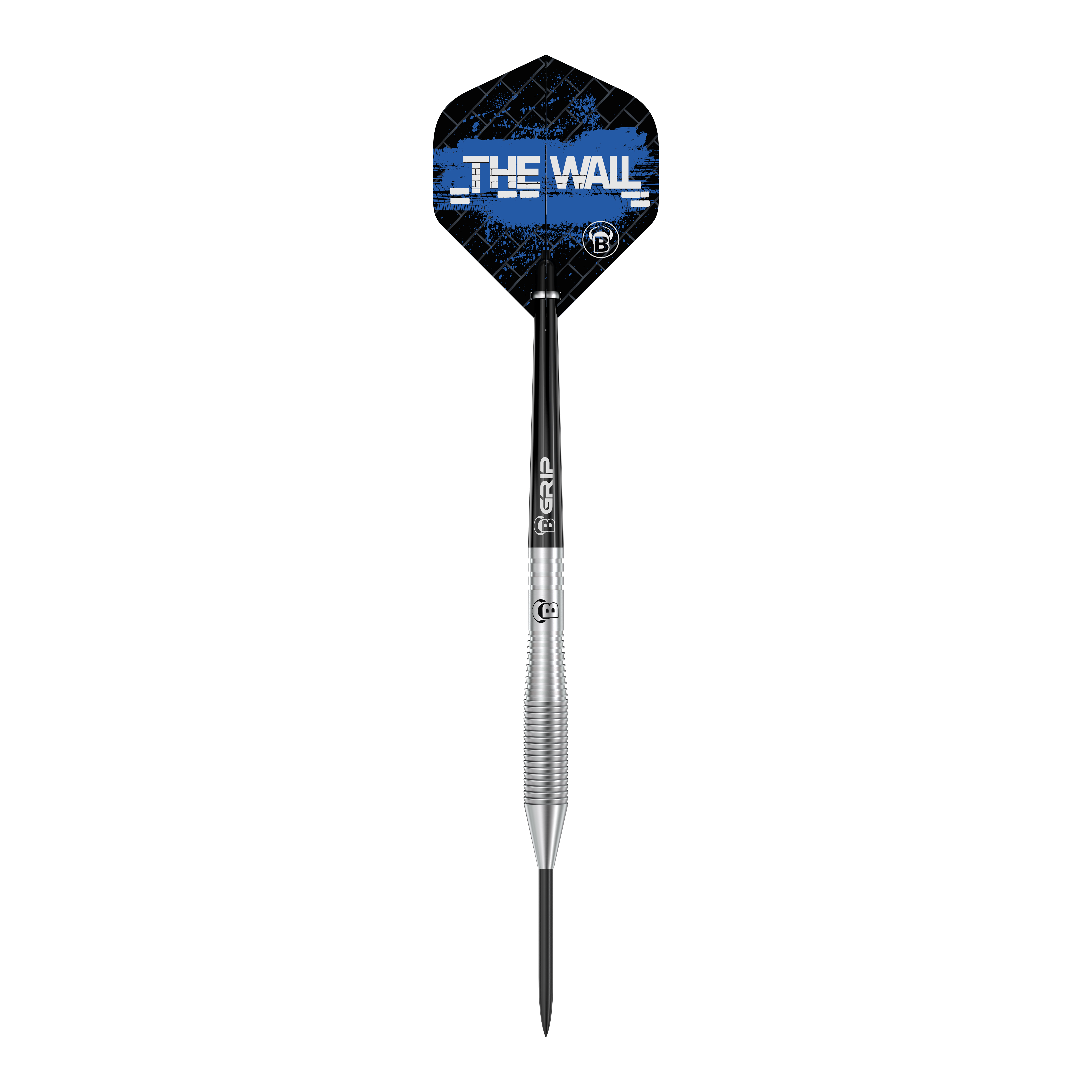 Das Bild zeigt einen Bull's Martin Schindler TW80 Steeldartpfeil. Auf dem Flight steht in weißer Schrift "THE WALL" vor einem blauen Hintergrund.