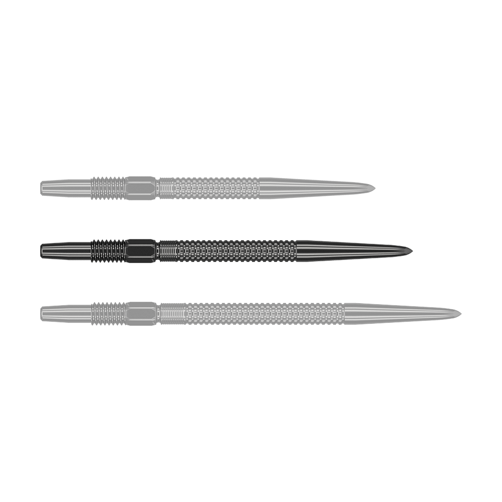 Target Swiss Point Nano Dartspitzen - Black Das Bild zeigt drei schwarze Dartspitzen des Produkts "Target Swiss Point GRD Black Dartspitzen". Sie sind nebeneinander angeordnet und haben eine strukturierte Oberfläche.