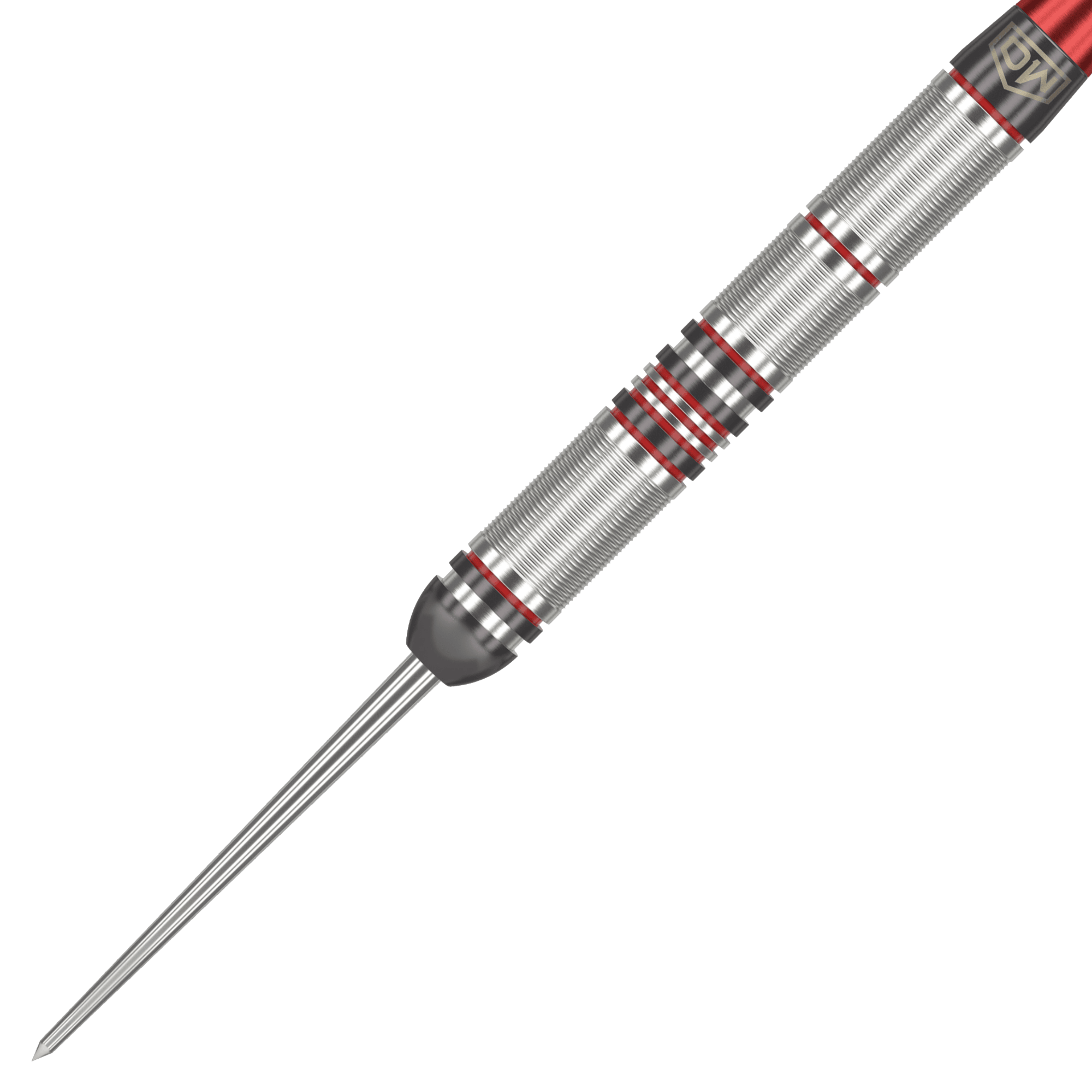Stalowe lotki DW Piranha Razor 01 Das Bild zeigt einen DW Piranha Razor 01 Steeldart. Der Dartpfeil ist silbern mit roten Akzenten und hat eine feine Griffstruktur.