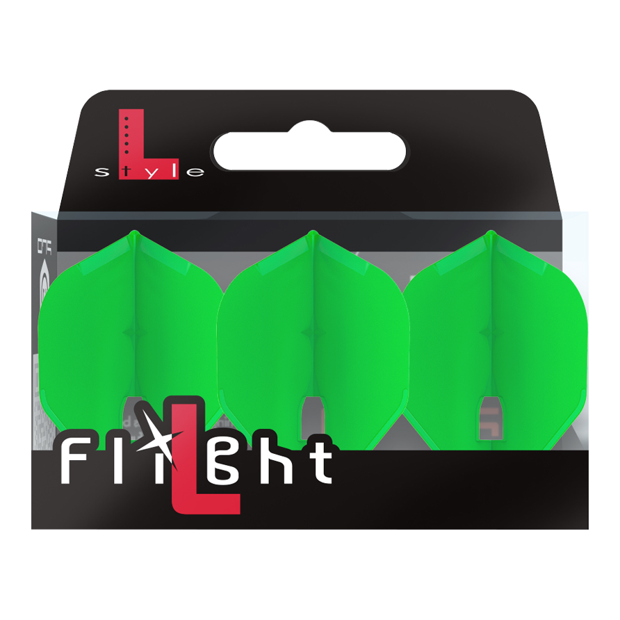 L-Style Champagne L1PRO Flights Die Abbildung zeigt eine Verpackung mit drei grünen Dartflights. Auf der Verpackung steht "L-Style Flight" in weißer und roter Schrift.