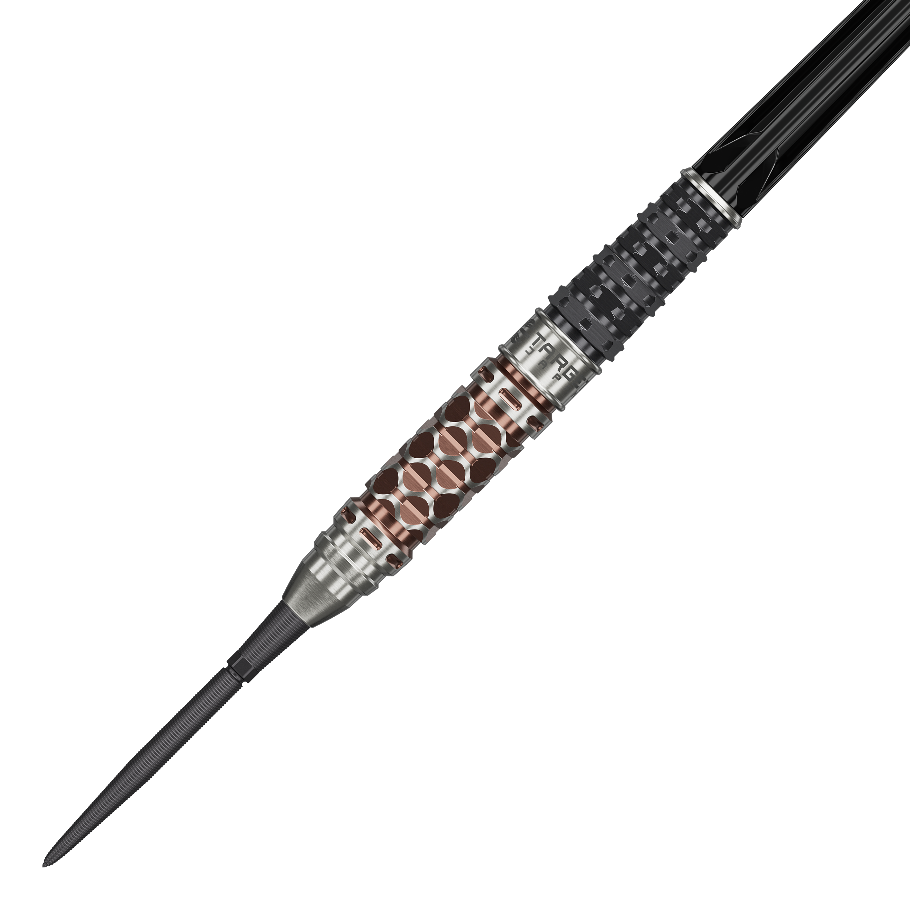 Abgebildet sind die Target Japan Charis GEN6 Swiss Point Steeldarts - 23g. Die spezielle Form und die Details der Darts sind gut zu erkennen.