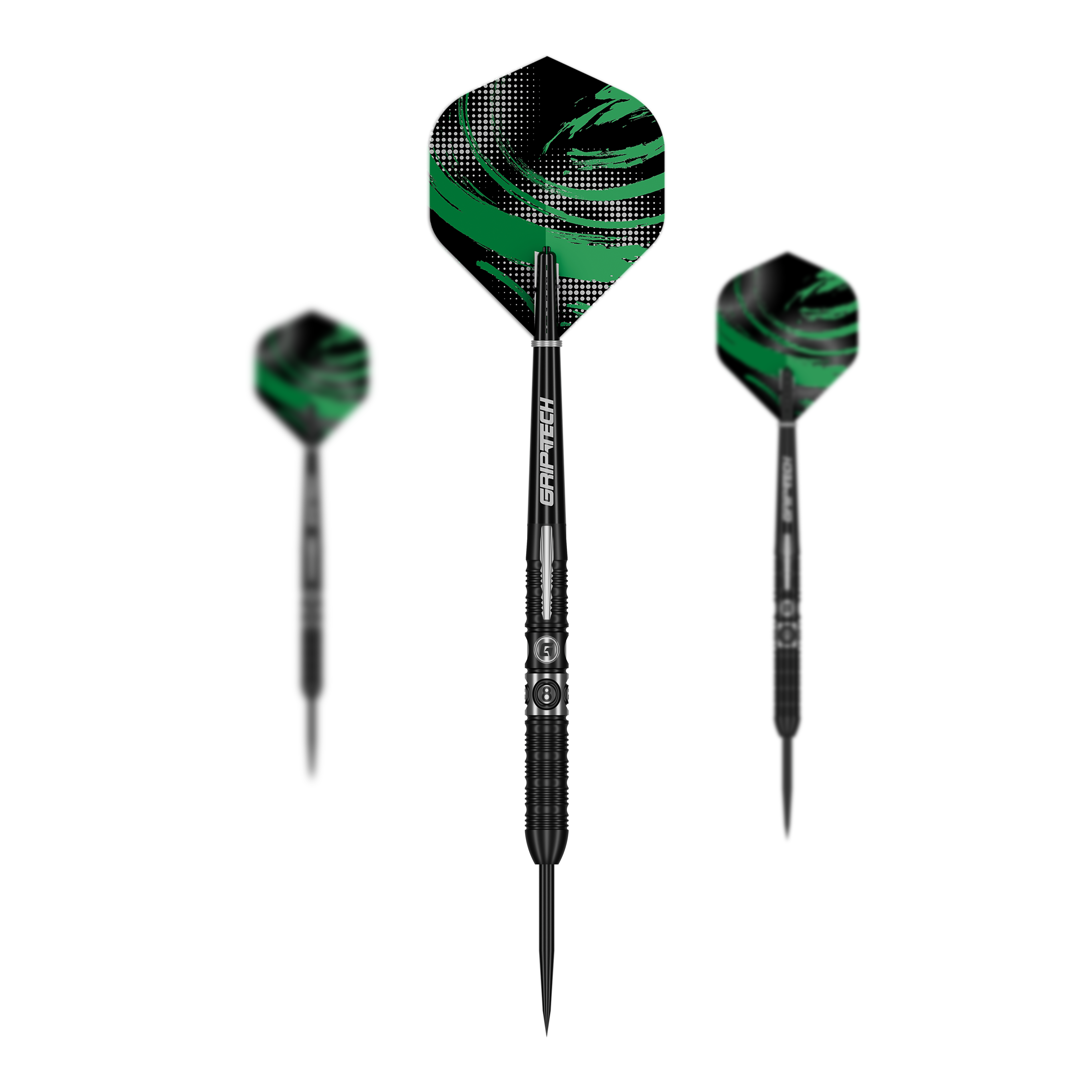 Dieses Foto zeigt ein Set der GOAT 8Ball Steeldarts. Es sind mehrere Dartpfeile als Set abgebildet.