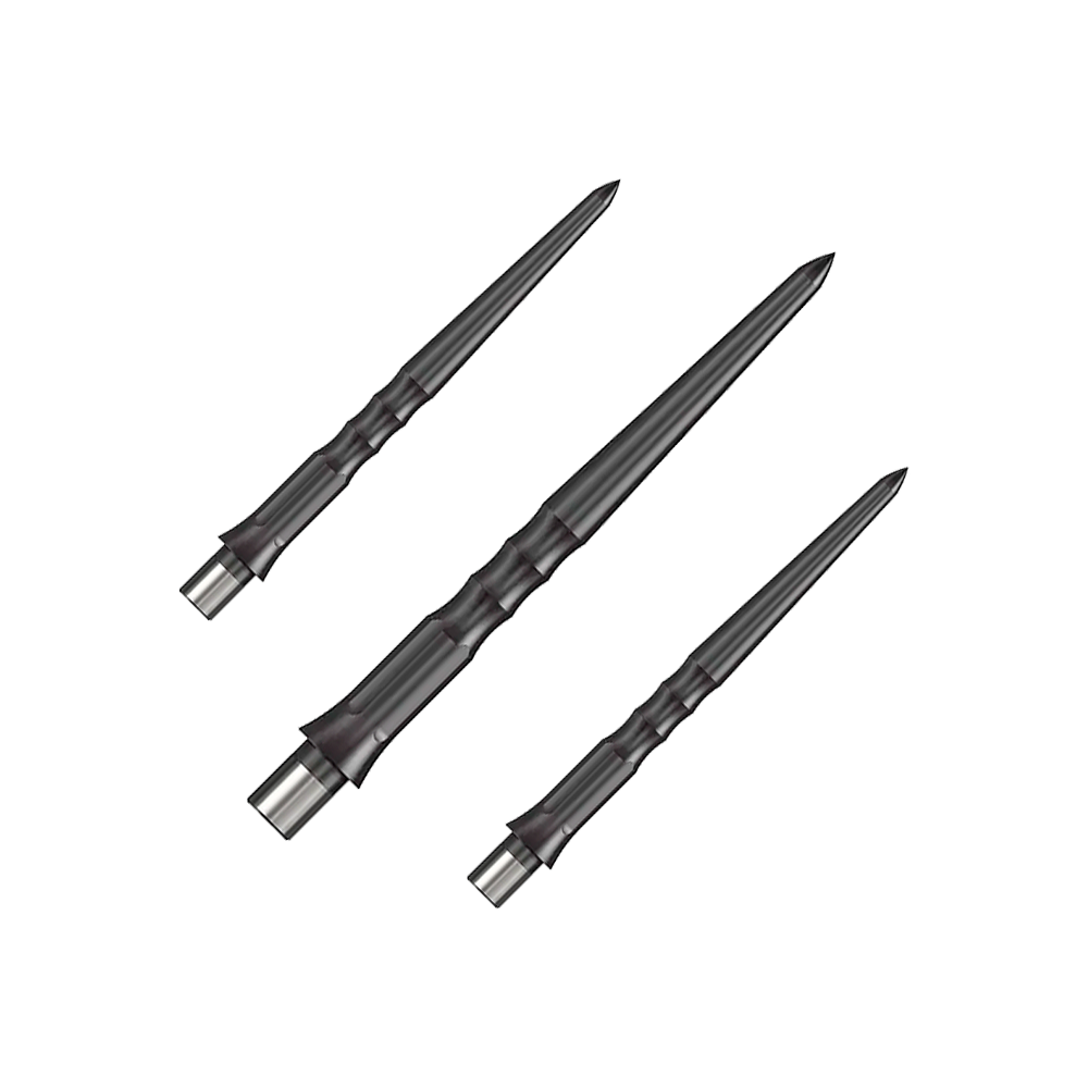 Końcówki do rzutek Caliburn System Steeldart - Ripple - NoLip - Black Auf dem Bild sind drei schwarze Stahlspitzen für Dartpfeile zu sehen. Sie haben ein geriffeltes Design und sind 28 mm lang.