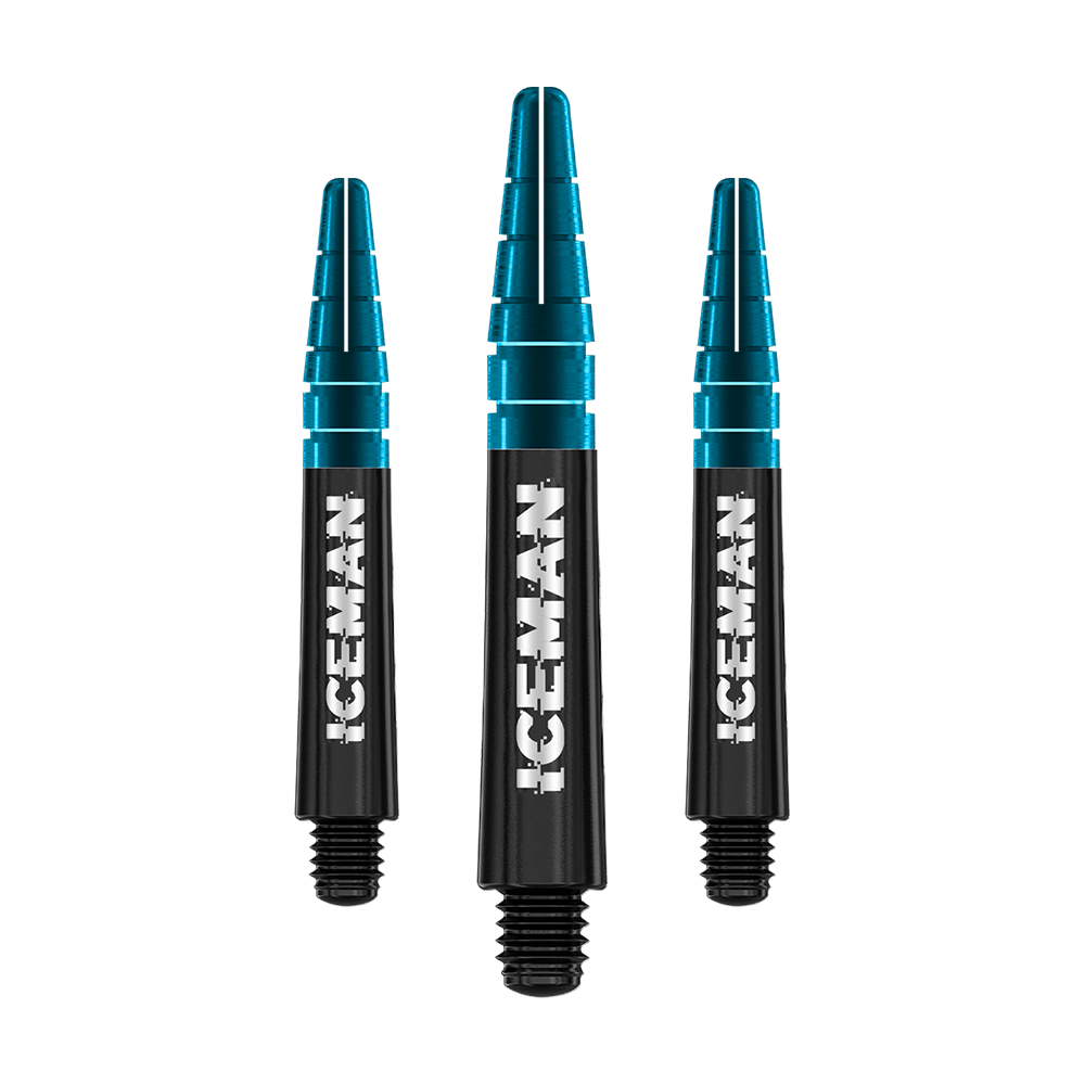 C636_Red_Dragon_Nitrotech_Gerwyn_Price_Shafts_Black_36mm_1SZBR6AcD9Ny6L Das Bild zeigt drei schwarze und blaue Dart-Schäfte mit der Aufschrift "ICEMAN". Es handelt sich um das Produkt "Red Dragon Nitrotech Gerwyn Price Black Shafts".