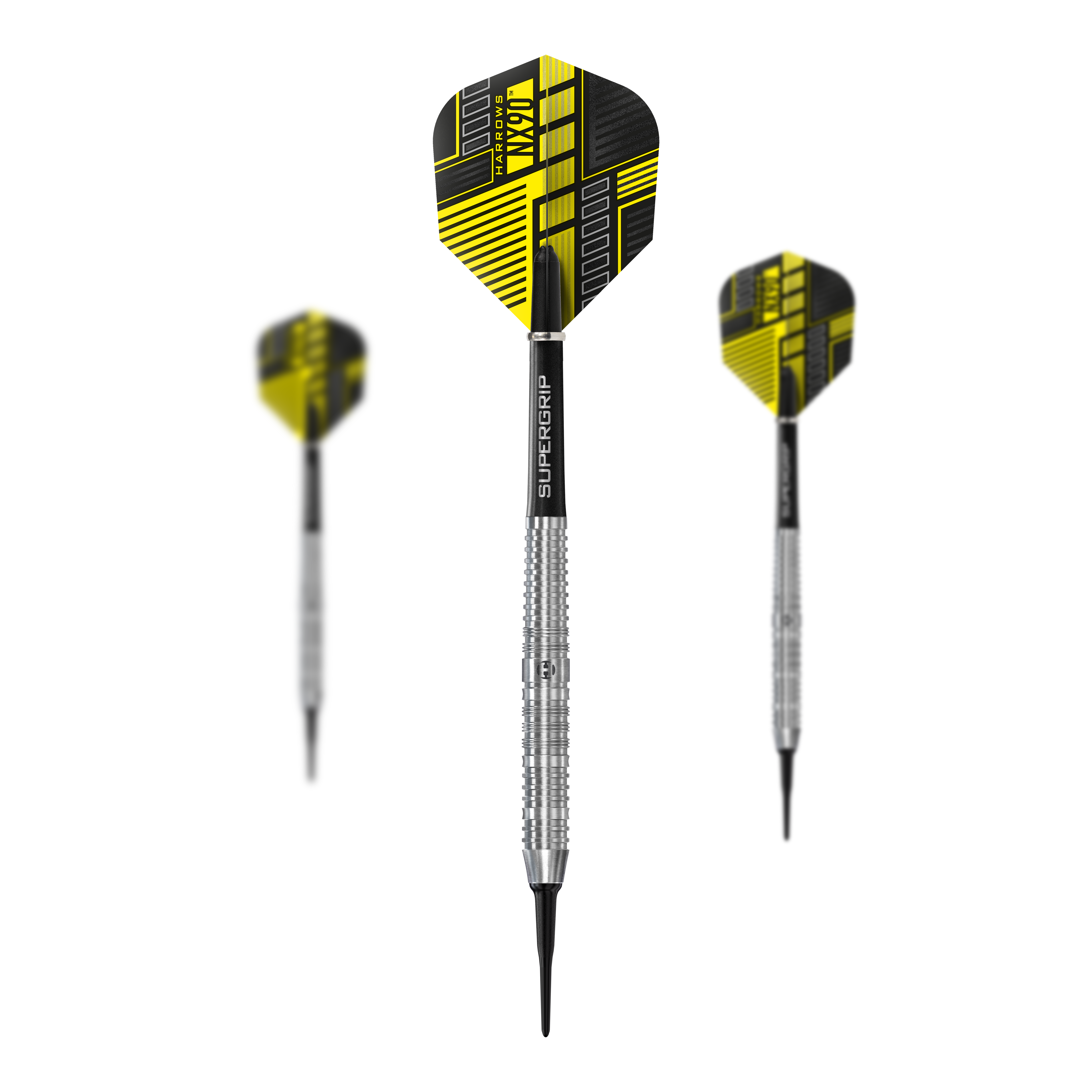 Harrows NX90 Parallel Softdart Das Bild zeigt drei Softdarts des Produkts "Harrows NX90 Parallel". Die Darts haben gelb-schwarze Flights und silberne, geriffelte Barrels.
