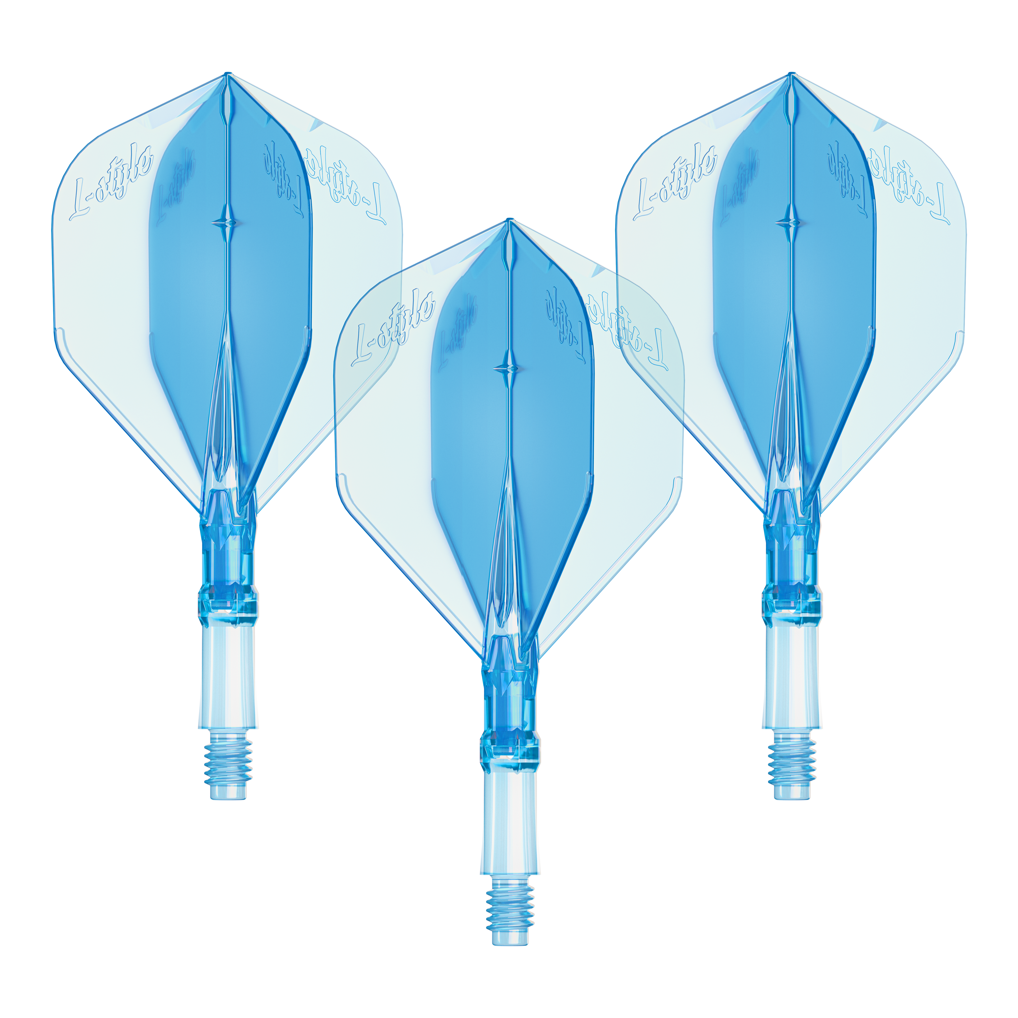 Loty L-Style L-System - Clear Blue Dieses Bild zeigt ein Set von L-Style L-System Flights in klarer blauer Farbe, Größe Small. Es ist ein Zubehörteil für Dartpfeile.