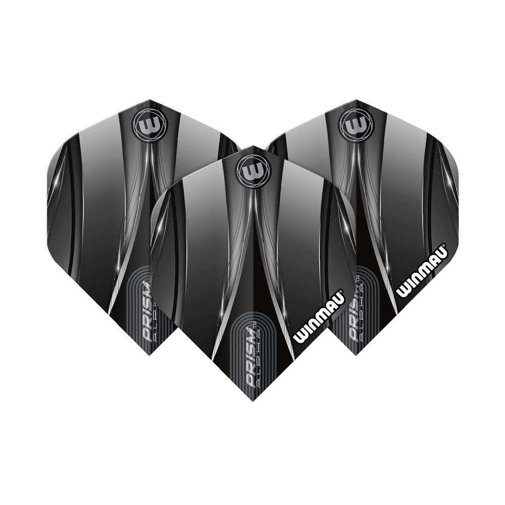 Loty standardowe Winmau Alpha Sniper Black Das Bild zeigt drei schwarze Dart-Flights der Marke Winmau mit dem Namen "Alpha Sniper". Die Flights haben ein modernes, glänzendes Design mit silbernen und weißen Akzenten.