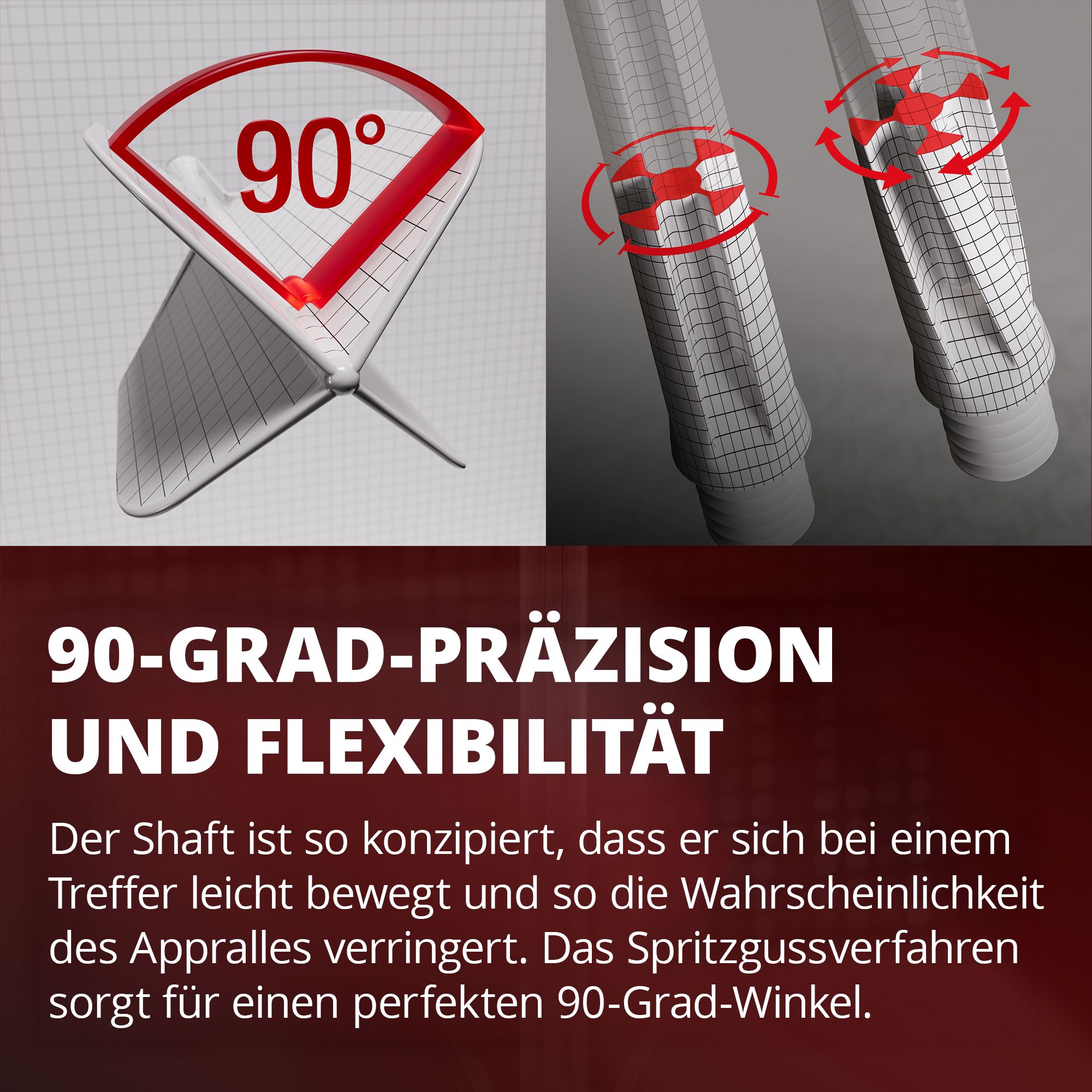 Target K-Flex Raymond Van Barneveld No2 Standardowy system wału napędowego Das Bild zeigt eine Grafik mit einem 90-Grad-Winkel und einer flexiblen Bewegung von zwei Schäften. Darunter steht ein Text, der die Präzision und Flexibilität des Designs beschreibt.