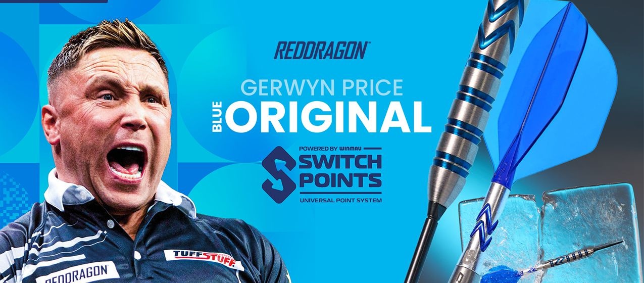 Produktbild des RedDragon Gerwyn Price Original, auf weißem Hintergrund dargestellt. Das Bild veranschaulicht die Form und das Muster des Produkts.