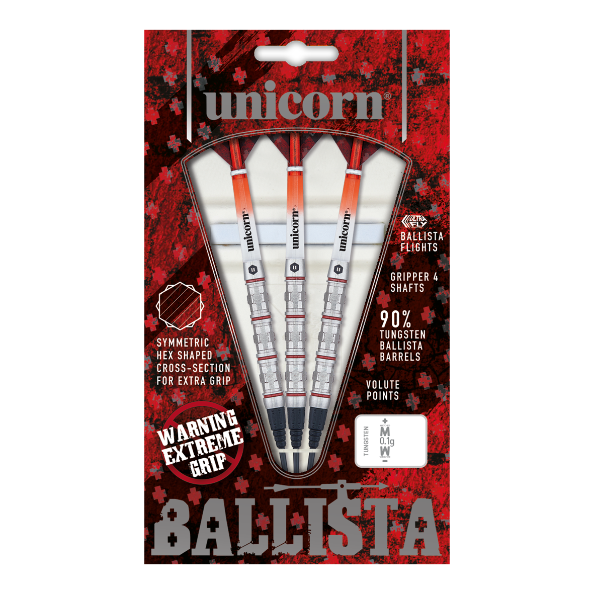 Unicorn Ballista Style 4 miękkie lotki Das Bild zeigt die „Unicorn Ballista Style 4 Softdarts“ in einer rot-schwarzen Verpackung. Drei Softdarts mit auffälliger Griffstruktur und Zubehör sind sichtbar angeordnet.