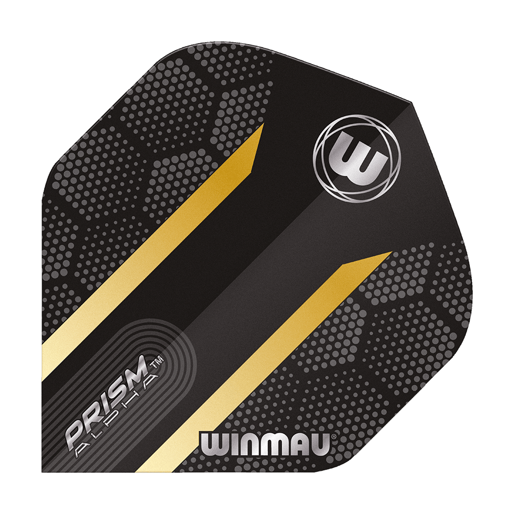 6915-185_Winmau_Prism_Alpha_Gold_Standard_Flights_1jYzN9CsF7kjZ5 Das Bild zeigt das Produkt "Winmau Prism Alpha Gold Standard Flights". Es ist schwarz mit goldenen Streifen und einem modernen, punktierten Muster gestaltet.