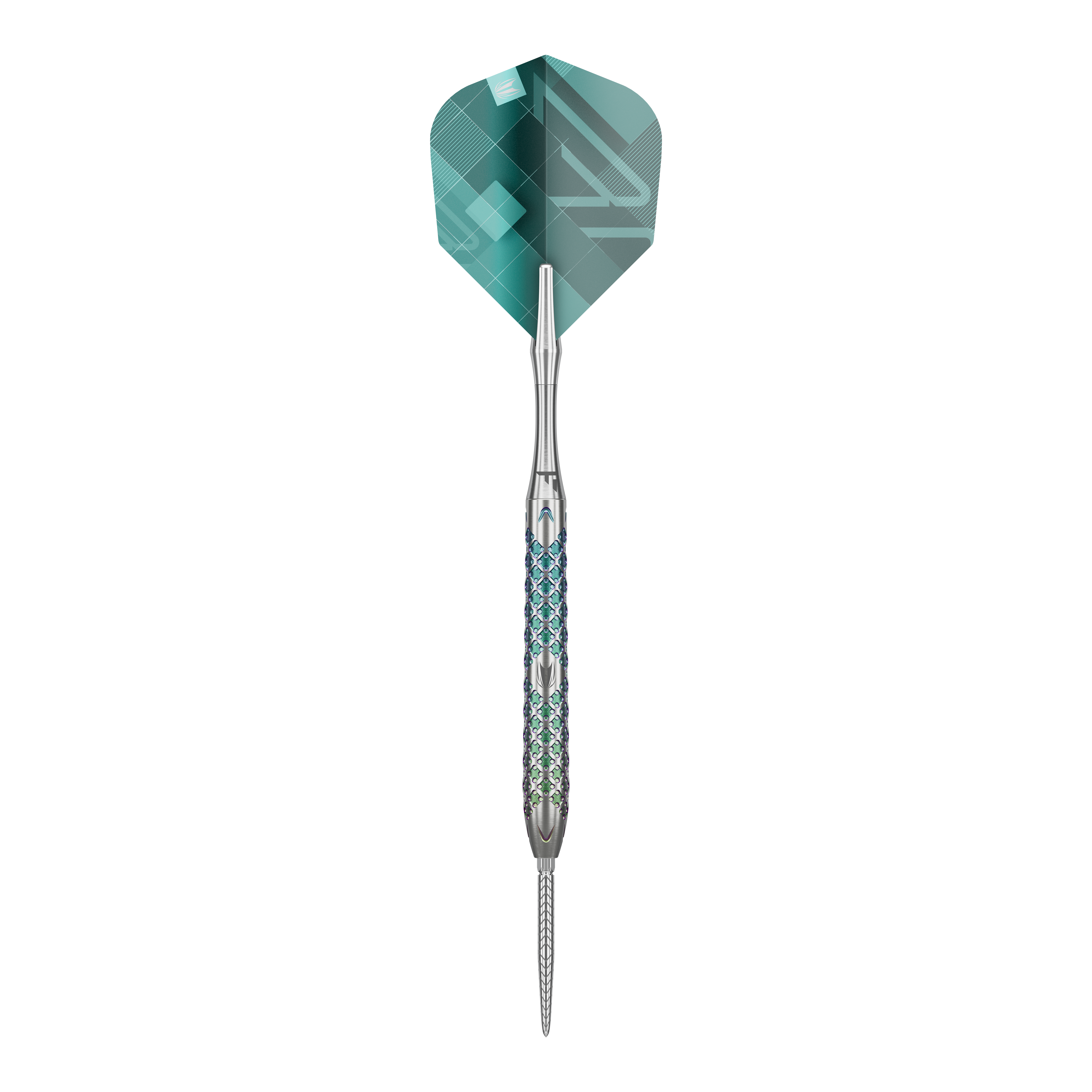 Stalowe lotki Target Rove 03 Swiss Point Das Bild zeigt einen Target Rove 03 Swiss Point Steeldart. Der Dart hat ein silbernes Metallgehäuse mit blauen Akzenten und eine grüne Flight.