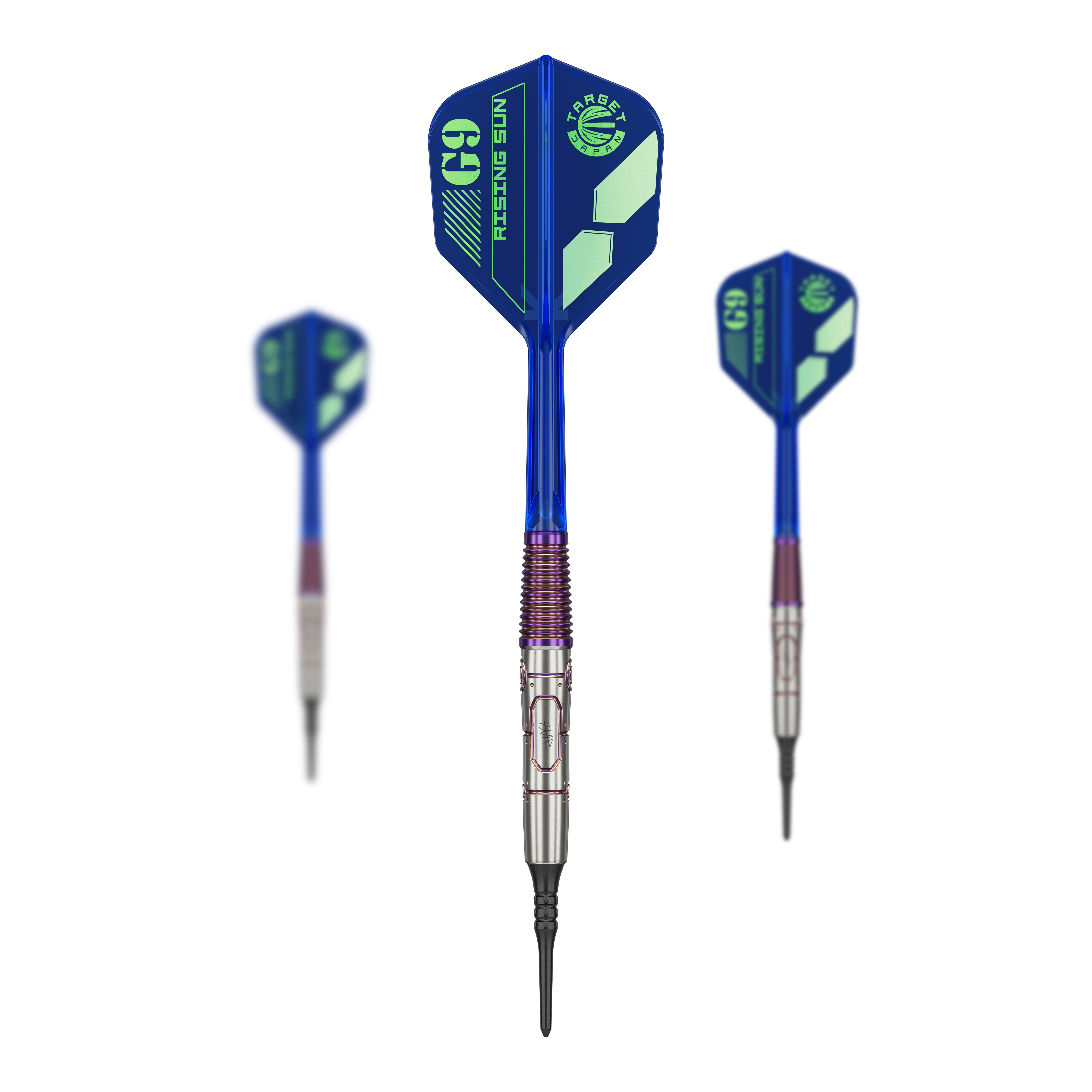 Das Bild zeigt drei Softdarts der Marke Target Japan Haruki Muramatsu Rising Sun GEN9 2BA mit einem Gewicht von 21,5g. Die Darts haben blaue Flights mit grünem Aufdruck und silberne Spitzen.