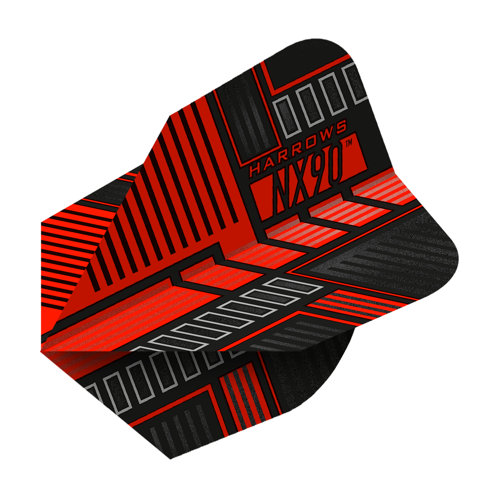HR50_Harrows_Prime_NX90_Red_No6_Flights_2 Das Bild zeigt das Produkt "Harrows Prime NX90 Red Flights". Die Flights haben ein modernes Design in Rot, Schwarz und Silber mit auffälligen Linienmustern.