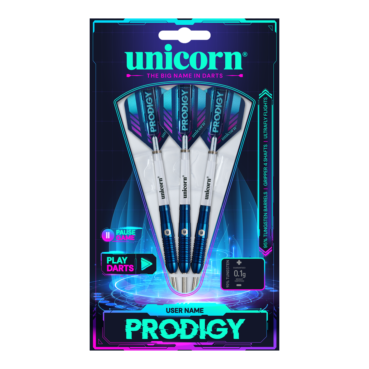 Unicorn Prodigy 02 Torpedo Steeldarts Das Bild zeigt eine Packung mit drei Unicorn Prodigy 02 Torpedo Steeldarts. Die Verpackung ist farbenfroh gestaltet und hebt das Produkt und den Markennamen hervor.