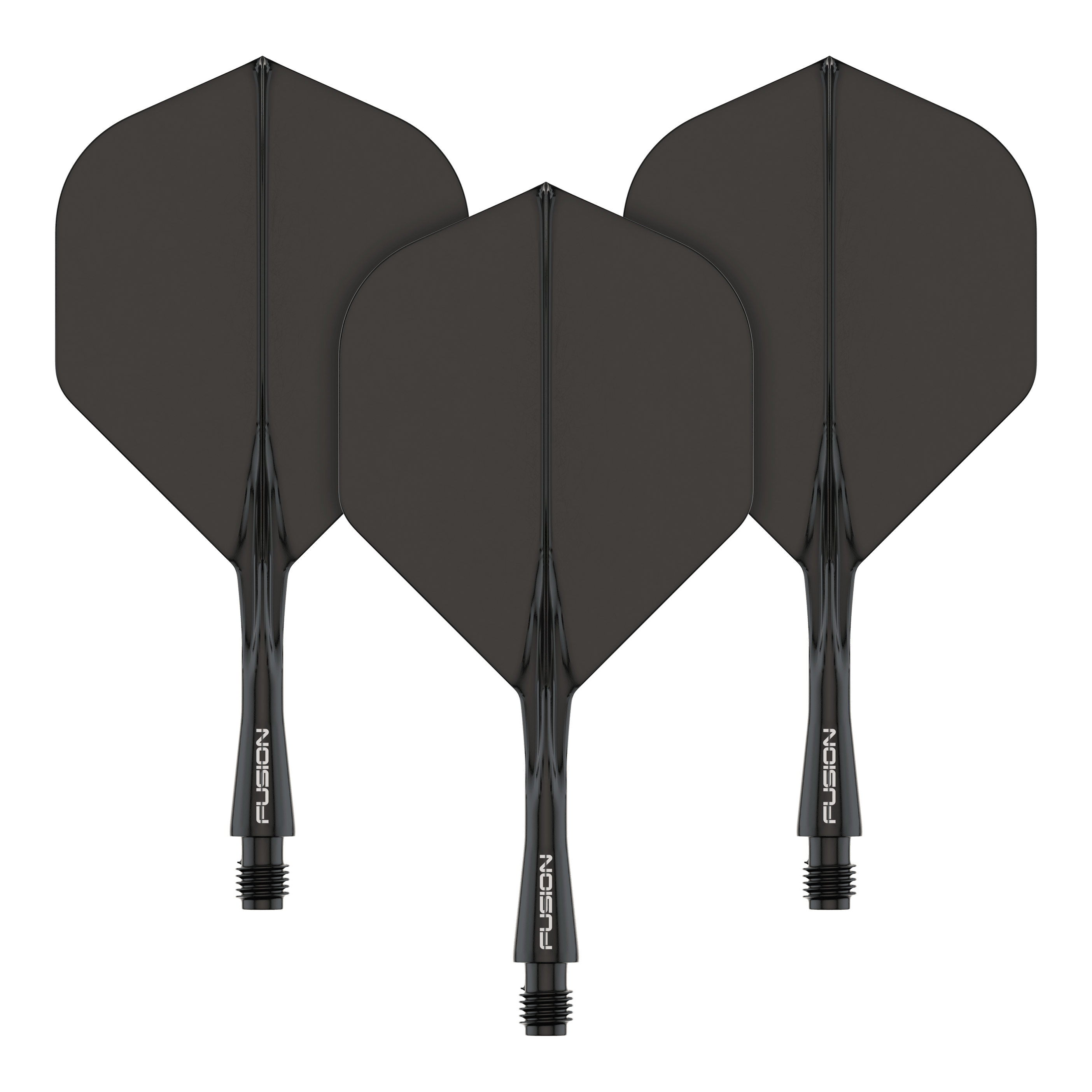System wałów lotniczych Winmau Fusion Standard Black Das Bild zeigt drei schwarze Dartflights mit integrierten Schäften. Auf den Schäften steht das Wort "FUSION" in weißer Schrift.