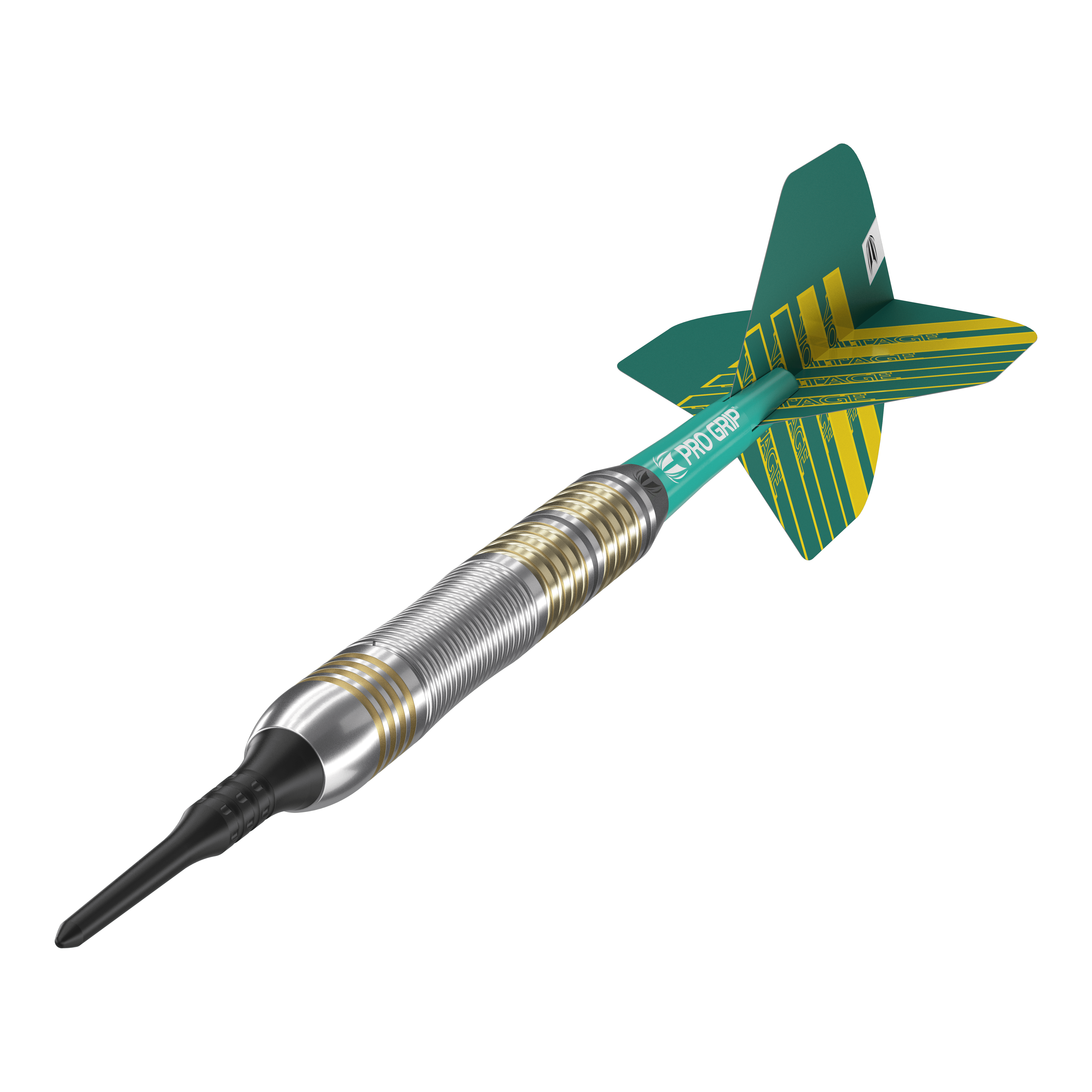 Lotki miękkie Target Rob Cross Brass - 18g Das Bild zeigt einen Target Rob Cross Brass Softdart mit einem Gewicht von 18 Gramm. Der Dart hat einen silbernen und goldenen Ringgriff sowie grüne Flights mit gelben Streifen.