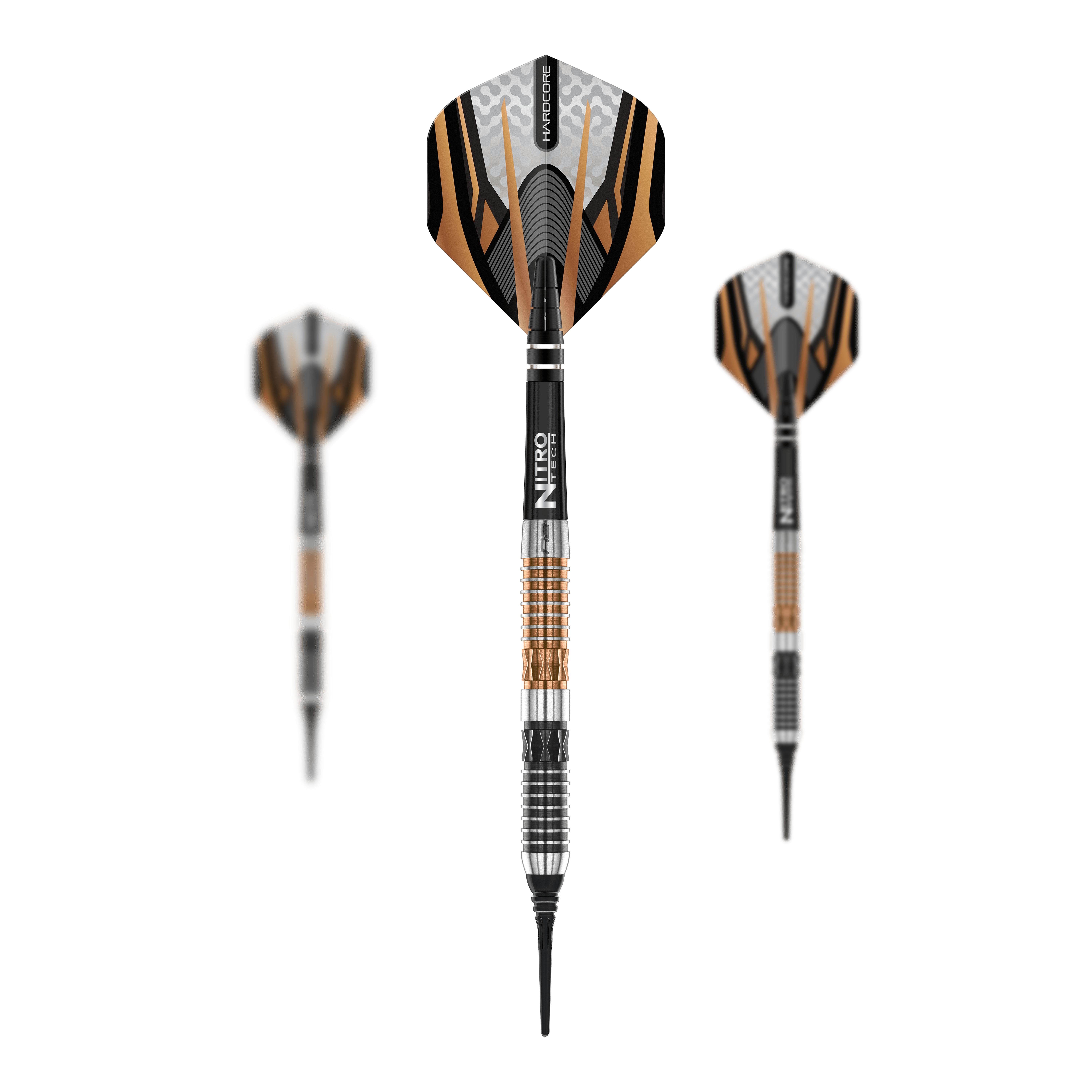 Miękkie lotki Red Dragon Panterra - 20g Das Bild zeigt drei Softdarts des Modells 'Red Dragon Panterra Softdarts - 20g'. Die Darts haben auffällige schwarze, goldene und silberne Elemente am Schaft und an den Flights.