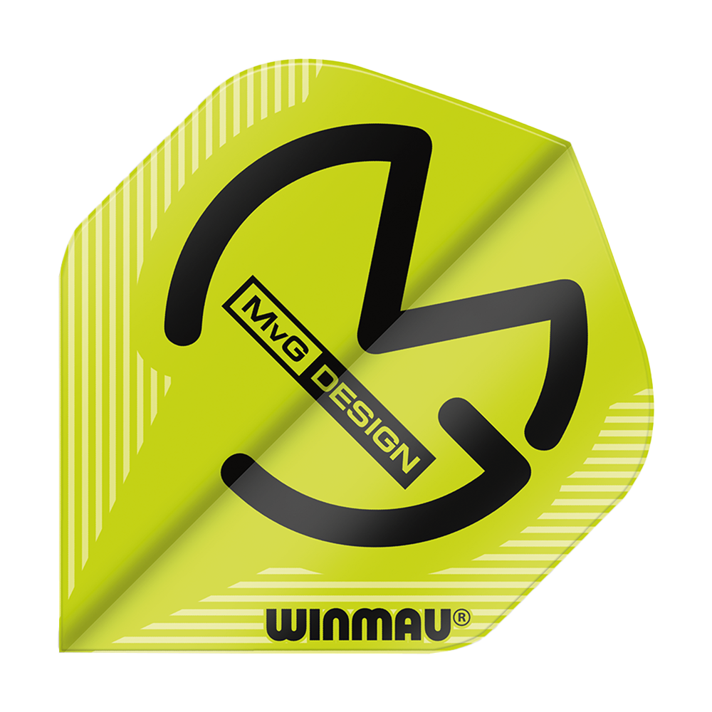 Das Bild zeigt ein grünes Dartflight mit dem Schriftzug "MvG DESIGN" und dem Winmau-Logo. Das Flight hat ein modernes, auffälliges Design mit schwarzen Linien auf gelbem Hintergrund.