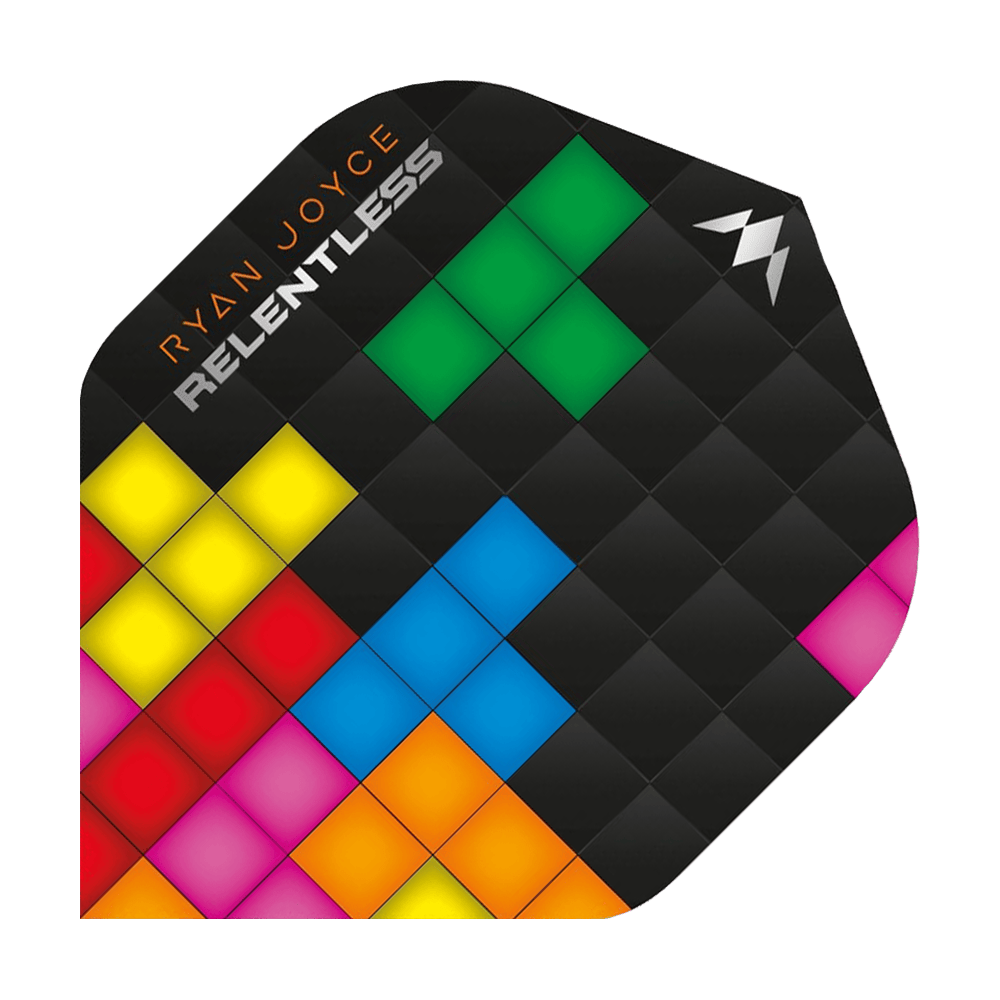M001090_Ryan_Joyce_No2_Standard_Flights_19Uiwgycon0II7 Das Bild zeigt das Produkt "Mission Ryan Joyce No2 Standard Flights" mit buntem, quadratischem Mosaik-Design auf schwarzem Hintergrund. Oben links steht der Name "Ryan Joyce RELENTLESS" in orange und weißer Schrift.