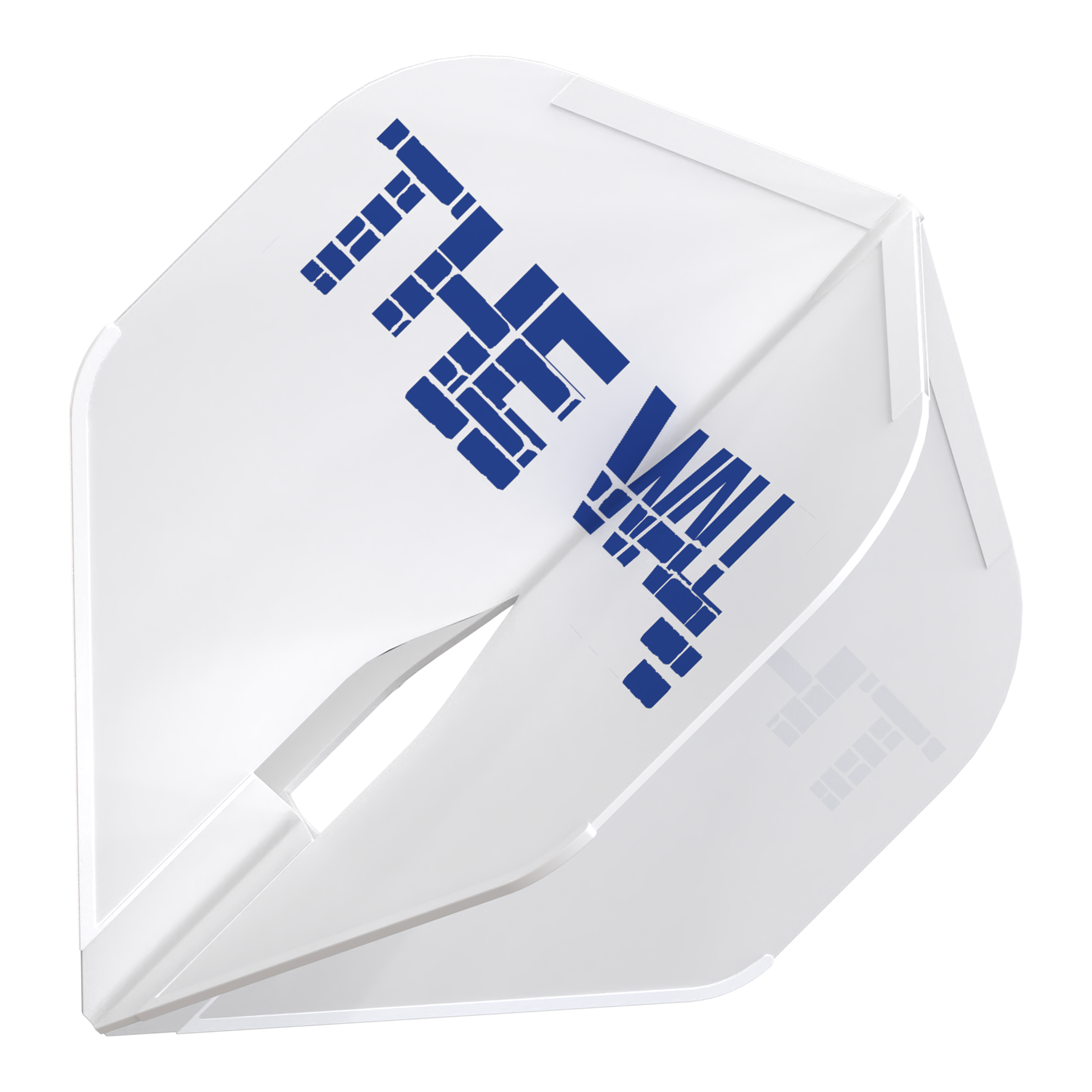 Loty Martin Schindler White L1PRO w stylu L Das Bild zeigt einen weißen Dartflight mit der Aufschrift "THE WALL" in blauer Farbe. Es handelt sich um das Produkt "L-Style Martin Schindler Weiß L1PRO Flights".