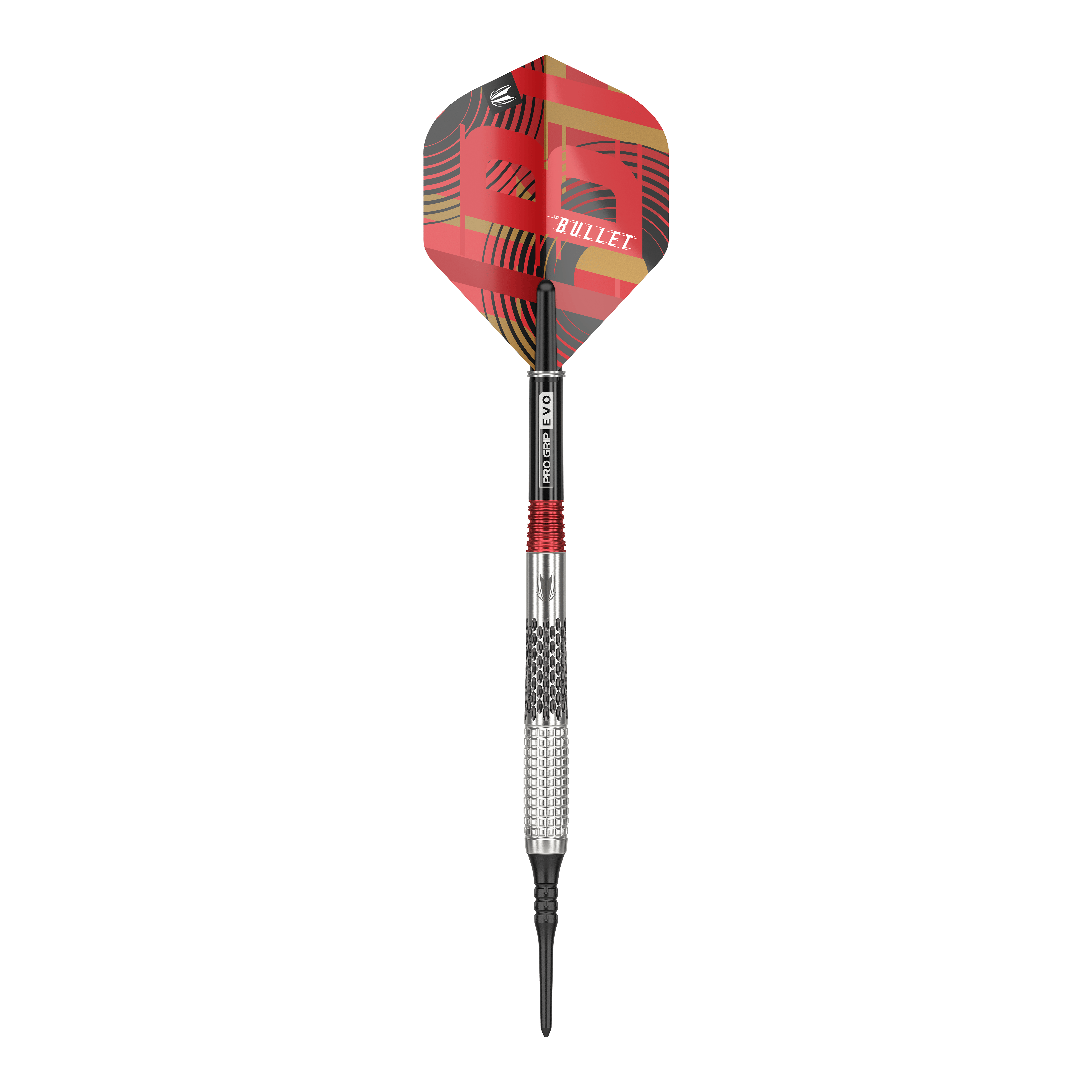 Lotki miękkie Target Stephen Bunting GEN5 - 18 g Auf dem Bild ist ein Softdart der Marke Target Stephen Bunting GEN5 mit einem Gewicht von 18 Gramm zu sehen. Der Dart hat ein auffälliges, rot-schwarzes Design mit der Aufschrift "BULLET" auf dem Flight.