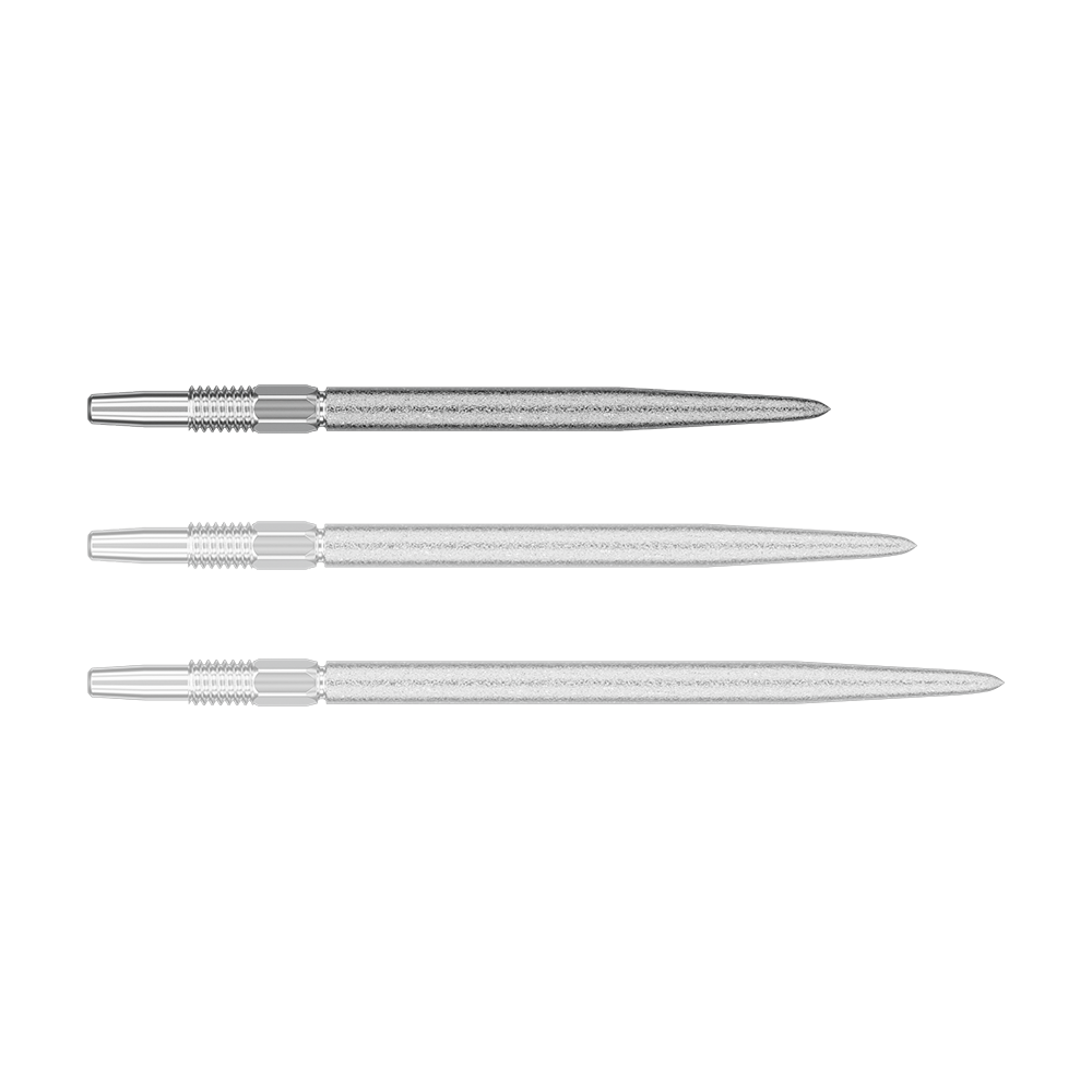 Groty do lotek Target Swiss Point SLK – srebrne Das Bild zeigt drei silberne Dartspitzen in unterschiedlicher Ansicht. Sie sind schlank, lang und haben gerillte Abschnitte am oberen Ende.