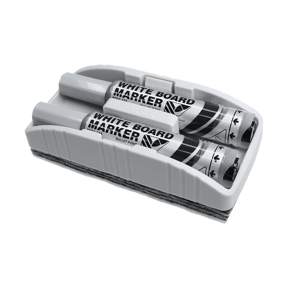 671-Maxiflow-Trocken-Wischschwamm-inkl-zwei-Markern-1 Das Bild zeigt einen Maxiflo Trocken Wischschwamm mit zwei Whiteboard-Markern. Die Marker sind in den Schwamm eingesetzt und können leicht entnommen werden.