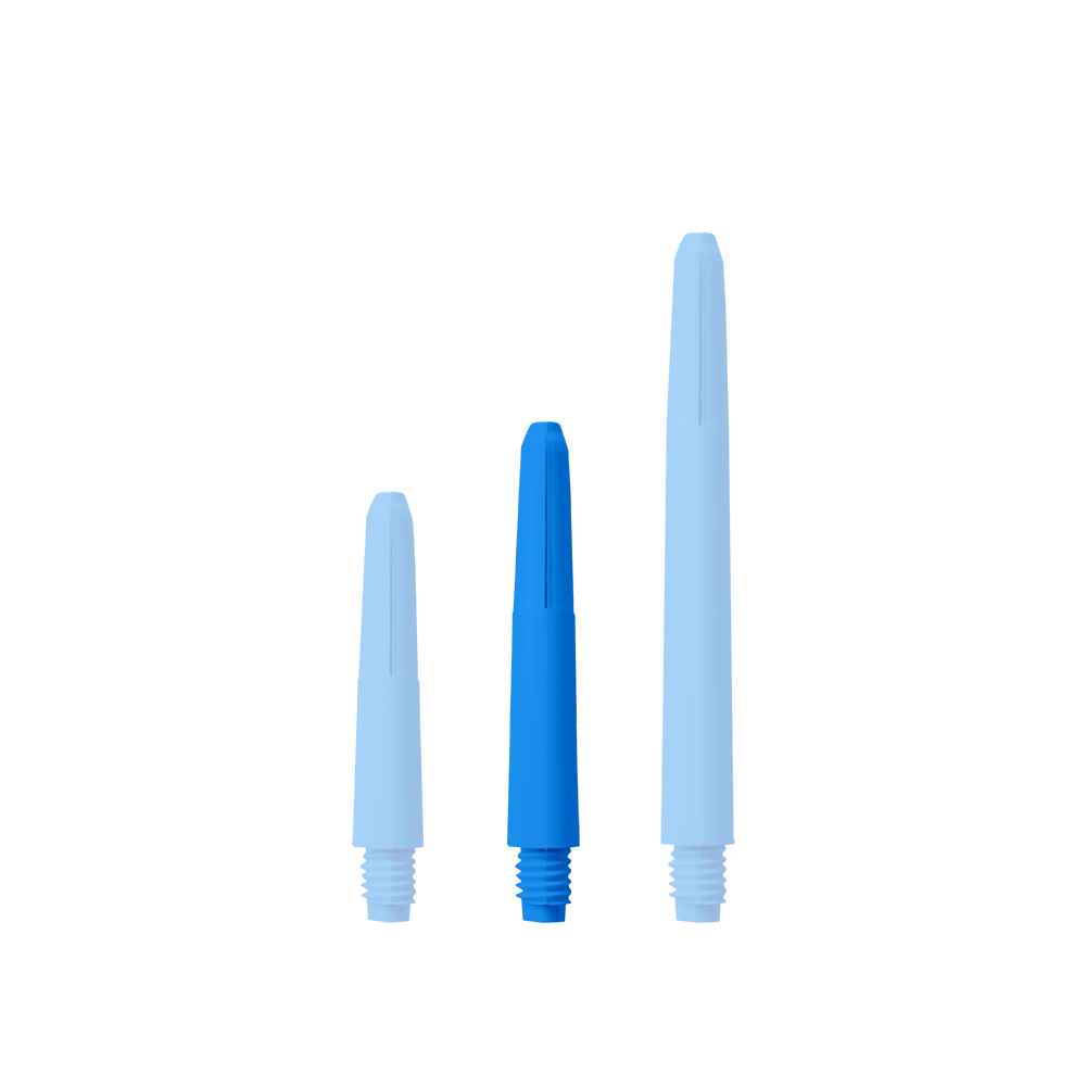573_Nylon_Shafts_Blau_35mm_1ITMD2oHNp2ZtU Das Bild zeigt drei blaue Nylon-Schäfte in unterschiedlichen Längen. Sie sind nebeneinander auf weißem Hintergrund angeordnet.