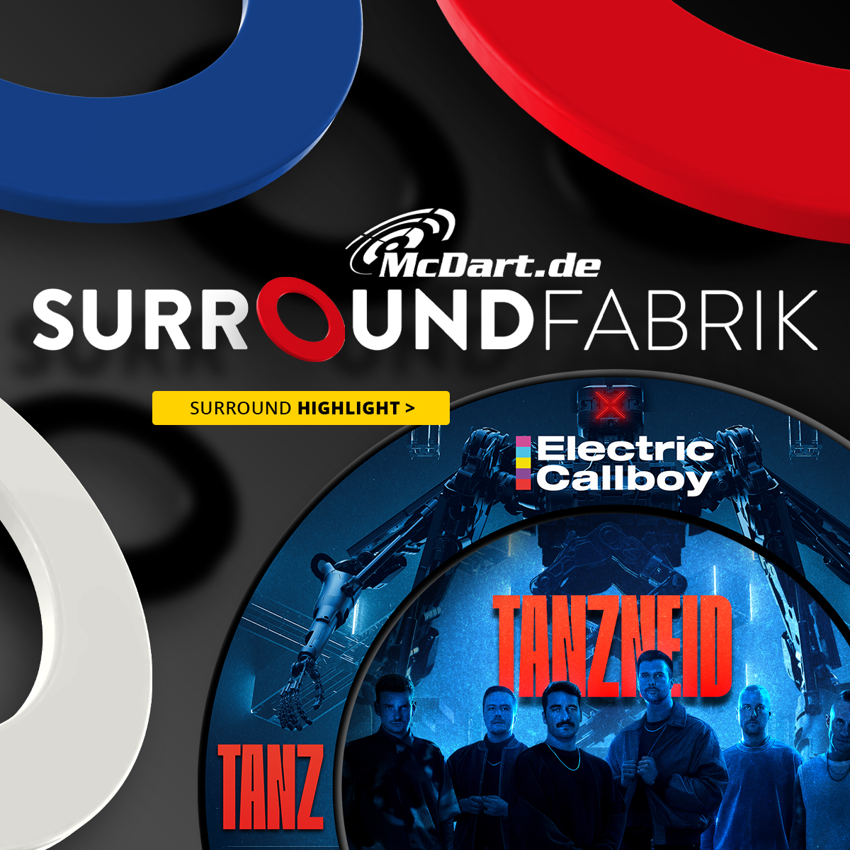 Das Bild zeigt McDartSurroundFabrik Highlight Hero ECTanzneid. Es handelt sich um ein Werbebild ohne sichtbares Produkt.