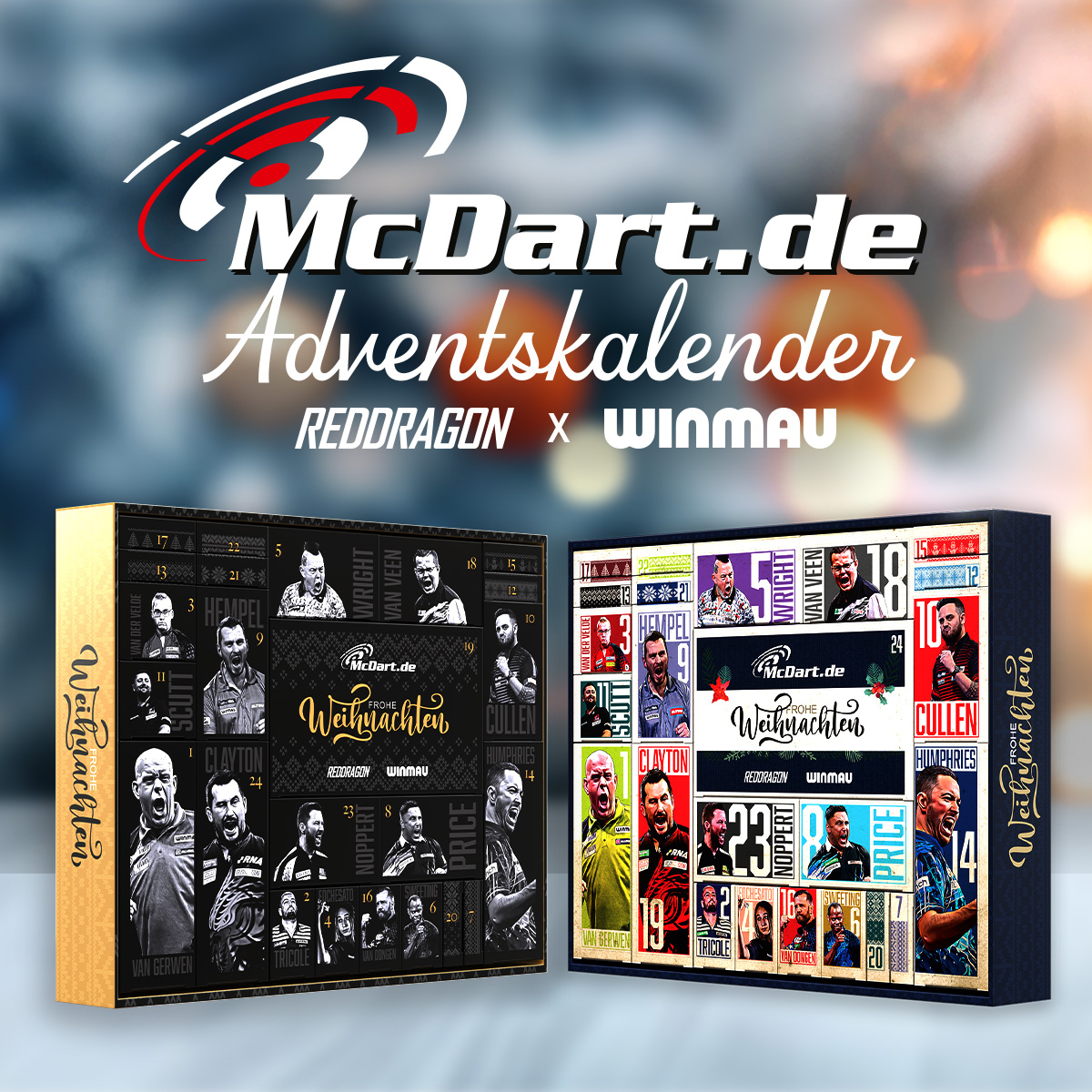 Das Bild zeigt einen Werbebanner für den McDart.de Adventskalender mit Produkten von RedDragon und Winmau. Rechts im Bild sind festlich verpackte Geschenke und eine Weihnachtskugel zu sehen.