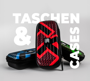 Auf dem Bild sind drei verschiedenfarbige Taschen und Etuis zu sehen. Im Hintergrund steht in großen Buchstaben "TASCHEN & CASES".