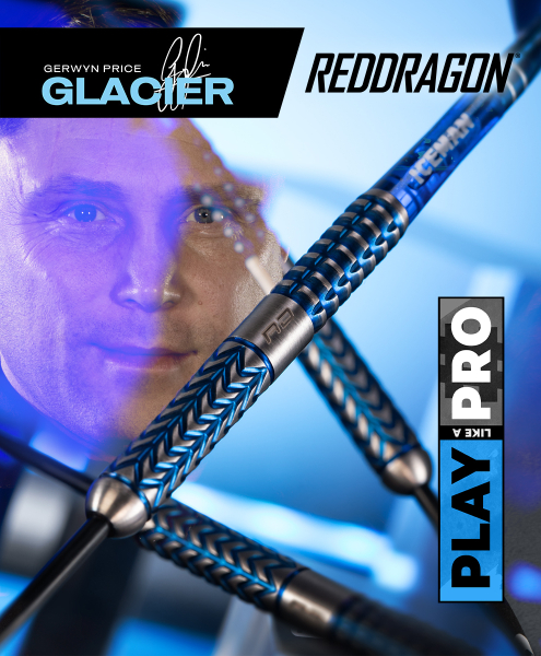 Das Bild zeigt eine Nahaufnahme von blauen Darts mit dem Schriftzug „GLACIER“. Im Hintergrund ist das Gesicht eines Mannes zu sehen und es sind die Logos von "REDDRAGON" und „PLAY LIKE A PRO“ abgebildet.
