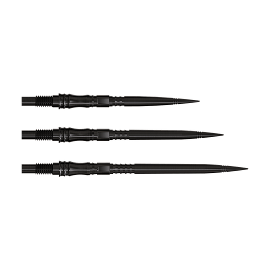 Harrows Quick Point Apex Axis Elite Series Dartspitzen - Schwarz Dartspitzen der Apex Axis Black Elite Serie werden gezeigt. Die Spitzen sind dunkel und fein gefertigt.
