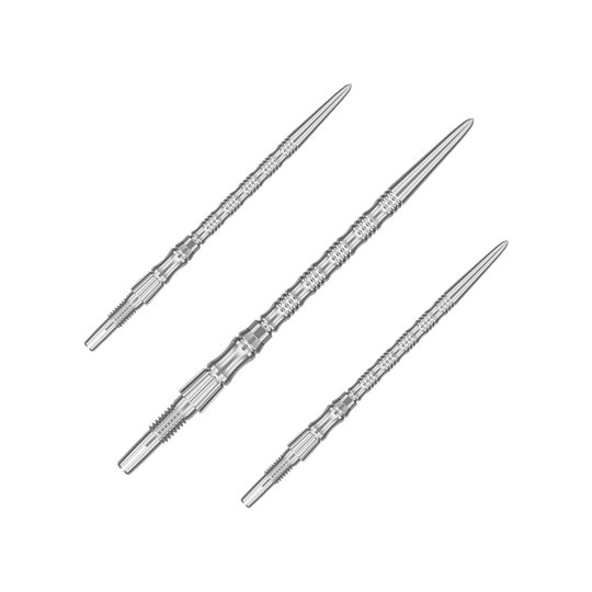 Das Bild zeigt ein Set silberner Dartspitzen mit einer Länge von 42 mm. Es handelt sich um Target SwissPoint Signature TRB Dartspitzen.