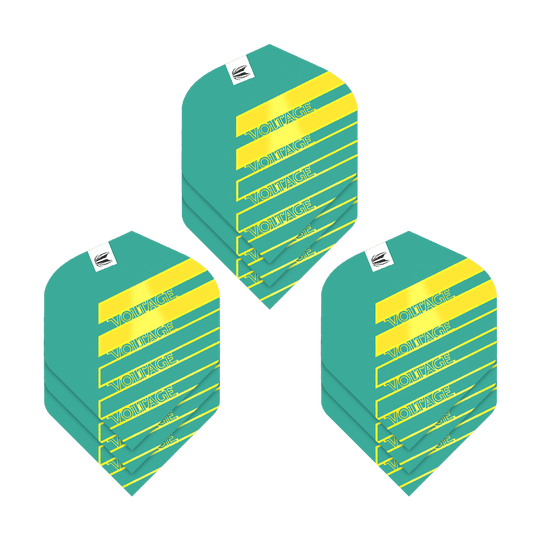 Lotki Target Pro Ultra Rob Cross Aqua No2 Standard - 3 zestawy Das Bild zeigt drei Sets von Target Pro Ultra Rob Cross Aqua No2 Standard Flights. Die Flights sind türkis mit gelben Streifen und dem Schriftzug "VOLTAGE" darauf.