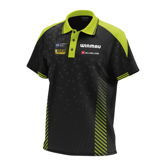 Das Bild zeigt das Winmau Michael Van Gerwen Stage Poloshirt. Es handelt sich um ein offizielles Poloshirt für Fans von Michael Van Gerwen.