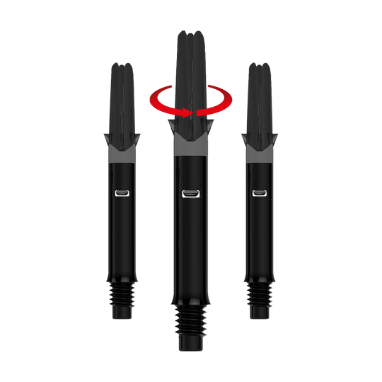 Das Bild zeigt drei schwarze Dartshafts ohne Kappen. Über dem mittleren Shaft befindet sich ein roter Pfeil, der eine Drehbewegung anzeigt.