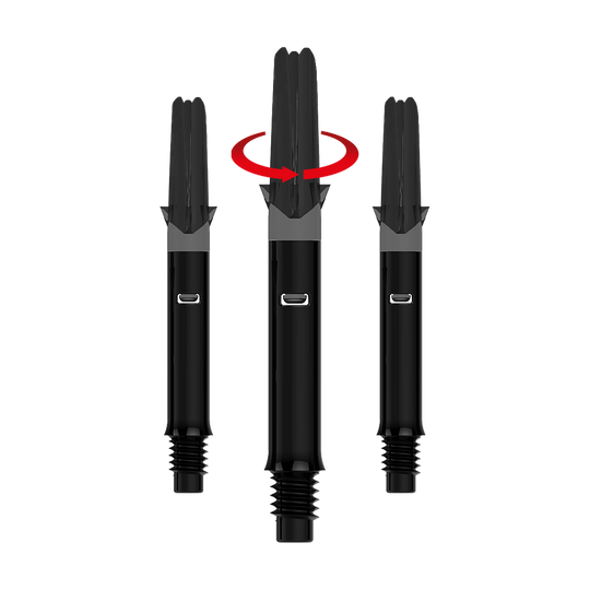 Wałki L-L-Style-Shafts Silent Straight - czarne Das Bild zeigt drei schwarze Dartshafts ohne Kappen. Über dem mittleren Shaft befindet sich ein roter Pfeil, der eine Drehbewegung anzeigt.