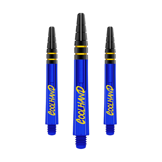 Red Dragon Nitrotech Luke Humphries Coolhand Shafts - Niebieski Auf dem Bild sind drei blaue Dartshafts mit der gelben Aufschrift „COOLHAND“ zu sehen. Die oberen Enden der Shafts sind schwarz mit goldenen Ringen verziert.