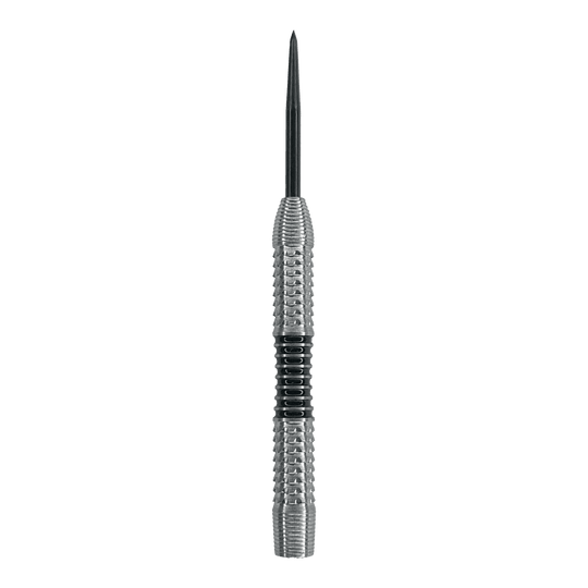 McDart Black Stripe 2 stalowe lufy do rzutek - 22 g Das Bild zeigt einen silbernen Steeldart-Barrel mit einer schwarzen Griffzone in der Mitte. Es handelt sich um das Produkt "McDart Black Stripe 2 Steeldart-Barrels - 22g".