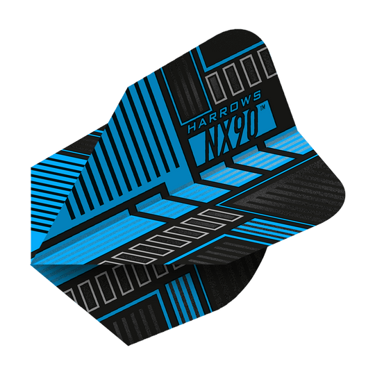 HR48_Harrows_Prime_NX90_Blue_No6_Flights_2 Das Bild zeigt die Harrows Prime NX90 Blue Flights. Die Dart-Flights sind in Blau und Schwarz mit geometrischen Mustern gestaltet.