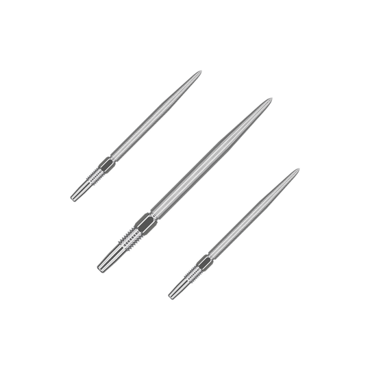 Końcówki do rzutek Target Swiss Point Nano Dart - srebrne Das Bild zeigt drei silberne Dartspitzen in einer Reihe. Jede Spitze ist schlank und hat ein feines Gewinde am unteren Ende.