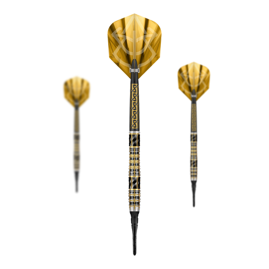 Shoty Alchemy Auro Softdarts - 20g Abgebildet sind die Shot Alchemy Auro Softdarts mit 20g Gewicht. Der Fokus liegt auf dem Design und der Verarbeitung der Softdarts.