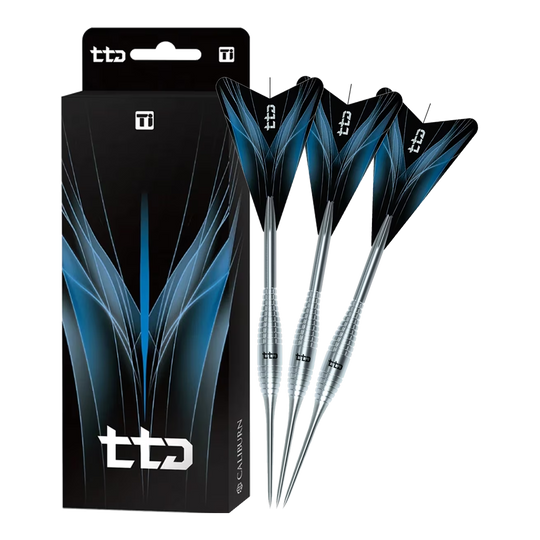 Caliburn TTD Complete Titanium T2 Silver Steeldarts - 6g Das Bild zeigt die vollständigen Caliburn TTD Complete Titanium T2 Silver Steeldarts mit 6g Gewicht. Detailliertes Titan-Design sorgt für ein hochwertiges Aussehen.