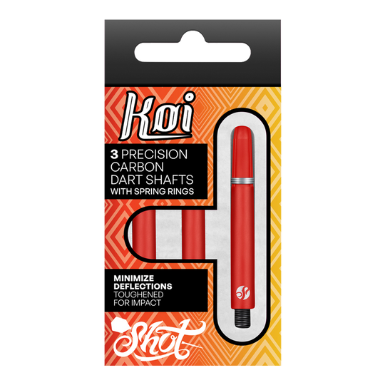 Wałki karbonowe Shot Koi - czerwone Die Verpackung zeigt drei präzise Koi Carbon-Dartschäfte in Rot. Sie sind für minimale Ablenkung und hohe Schlagfestigkeit ausgelegt.